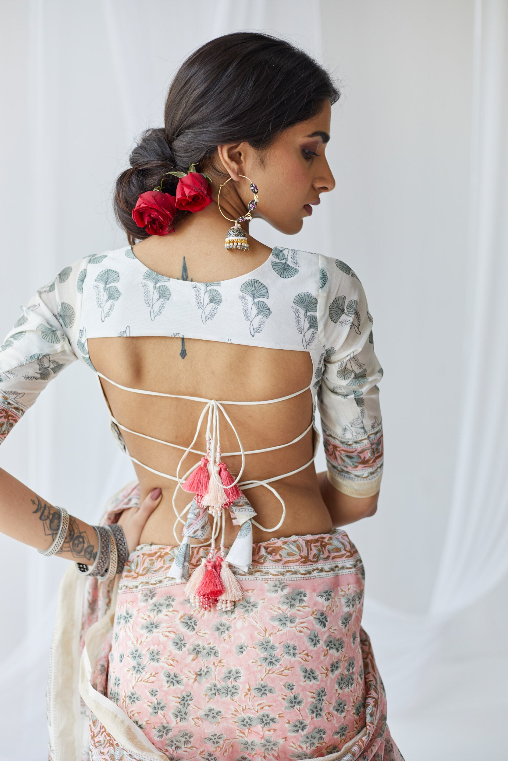 Nasrine Pink & White Printed Chanderi Silk Saree