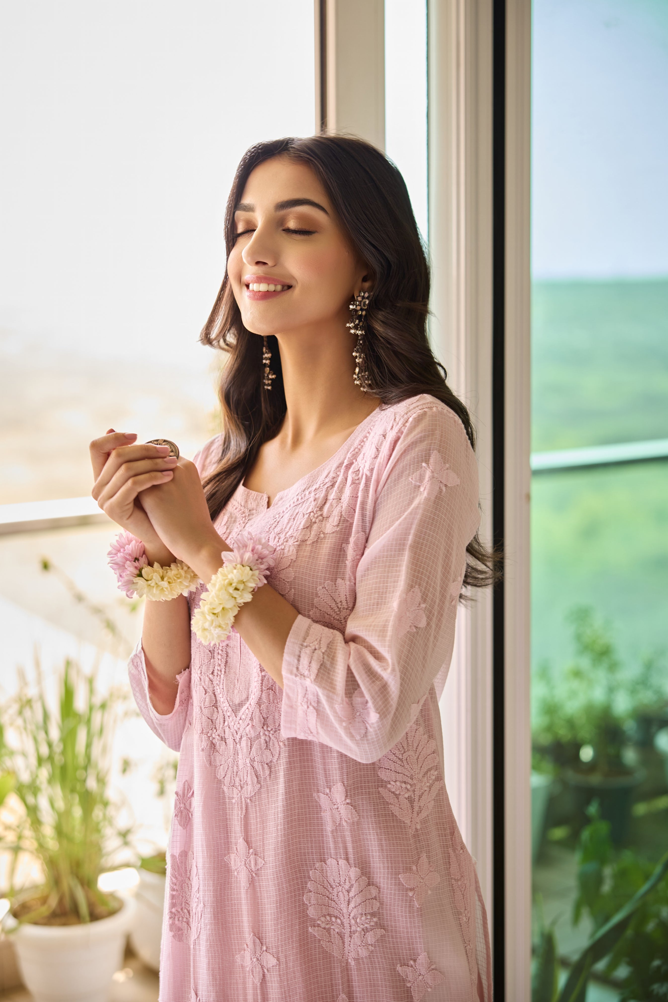 Jayanti Pink Kota Hand Embroidered Chikankari Kurta with Slip