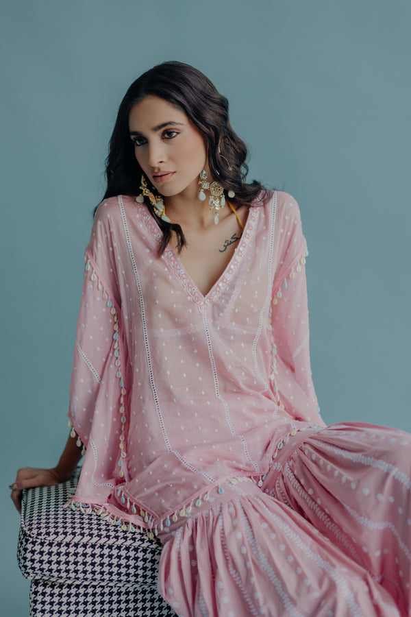 Laila Pink & Yellow Embroidered Cotton Kaftan, Blouse and Sharara Set