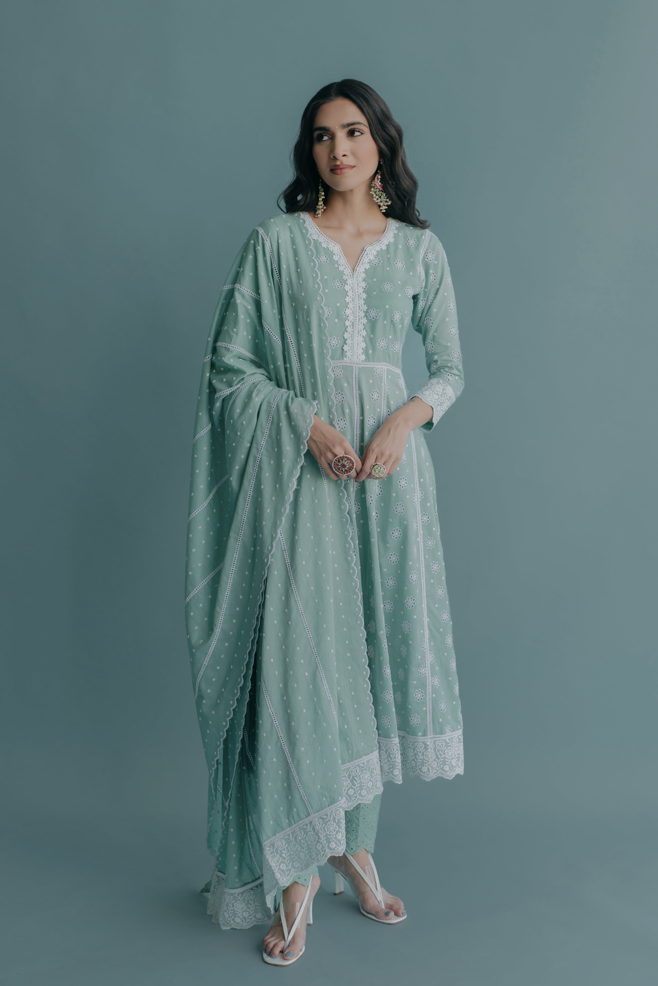 Yasmin Aqua Embroidered Cotton Anarkali, Pant & Dupatta Set