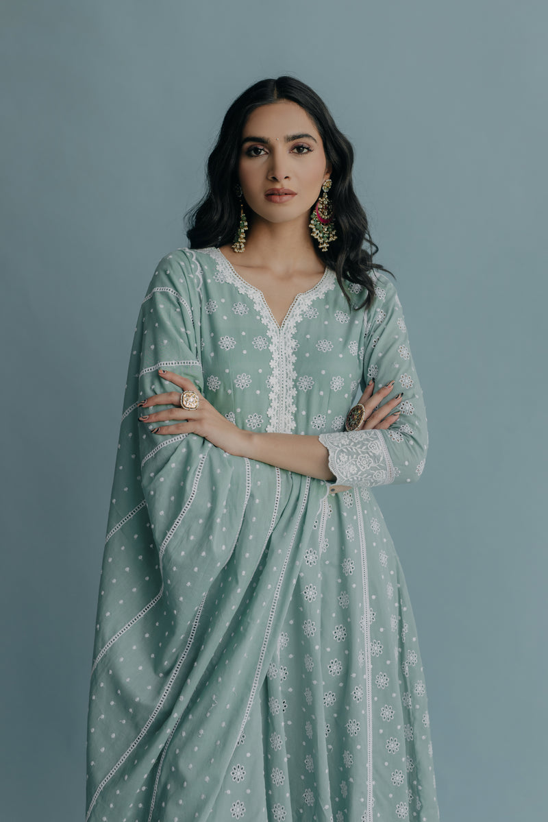 Yasmin Aqua Embroidered Cotton Anarkali & Pant Set