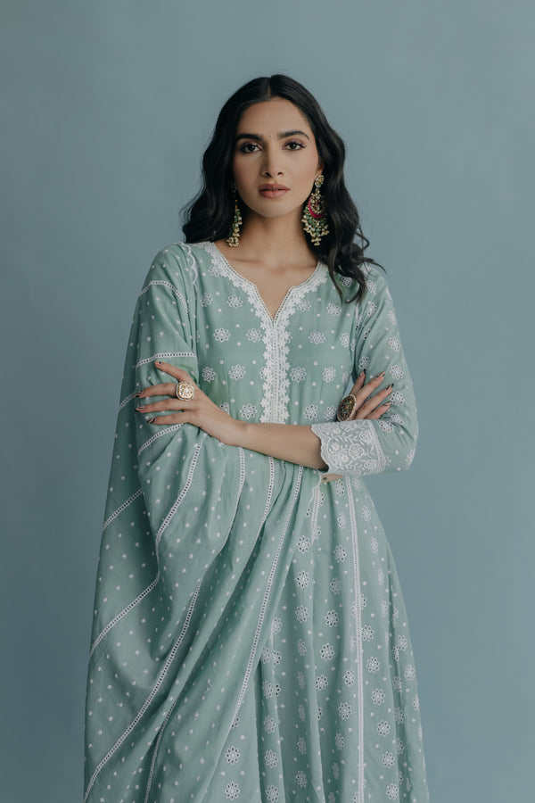 Yasmin Aqua Embroidered Cotton Anarkali
