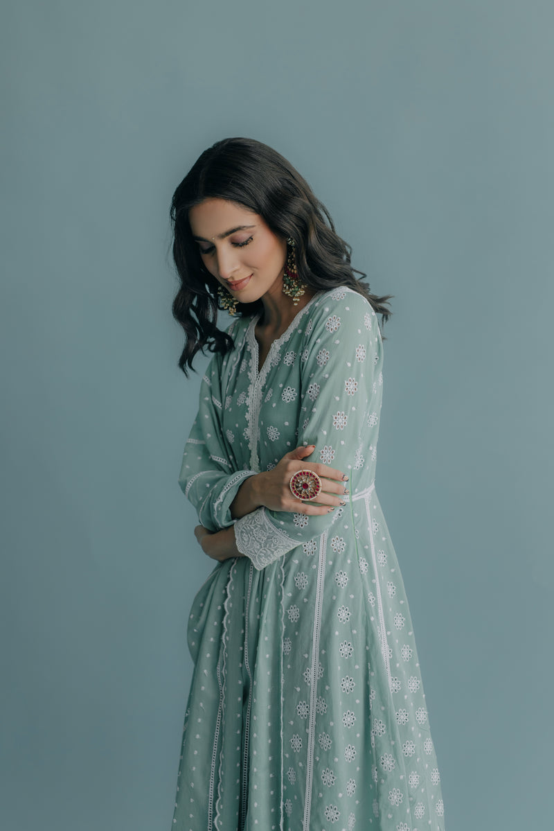 Yasmin Aqua Embroidered Cotton Anarkali