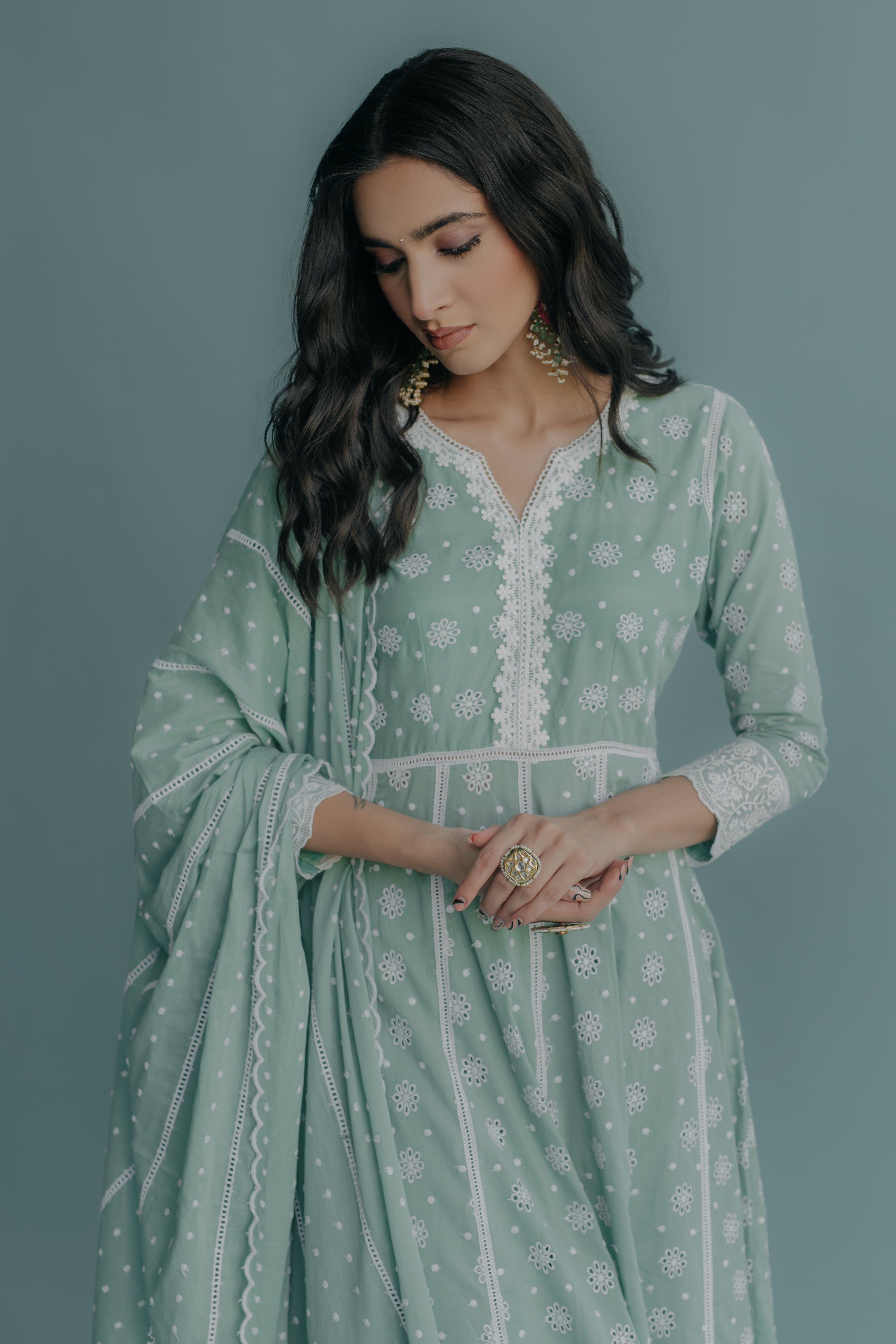 Yasmin Aqua Embroidered Cotton Anarkali & Pant Set
