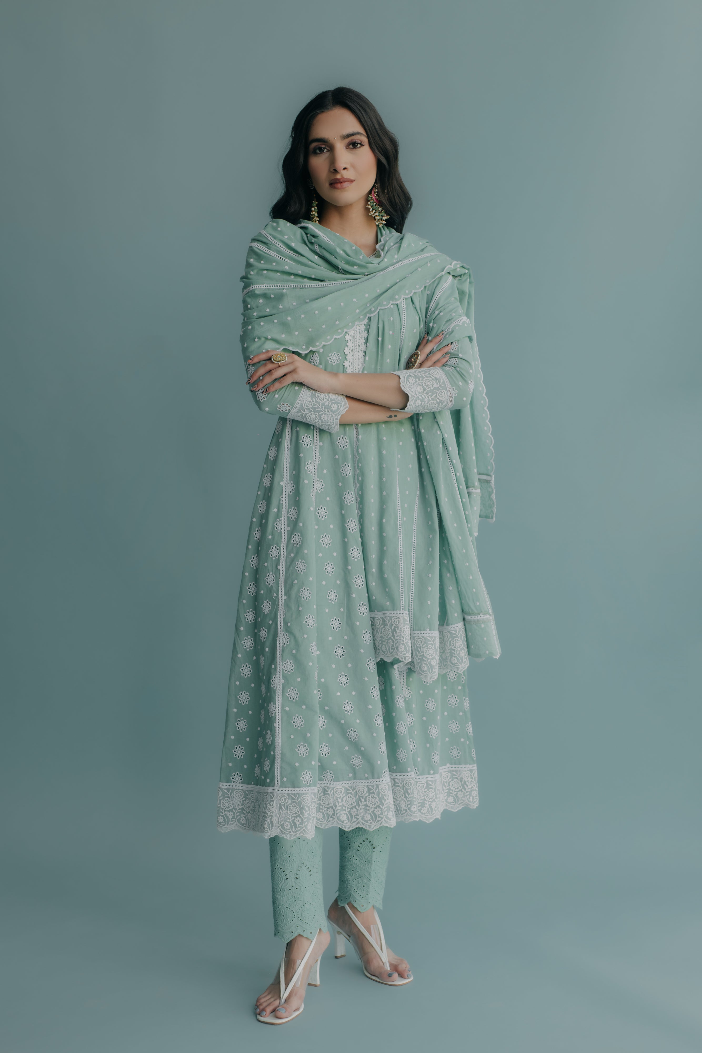 Yasmin Aqua Embroidered Cotton Anarkali, Pant & Dupatta Set