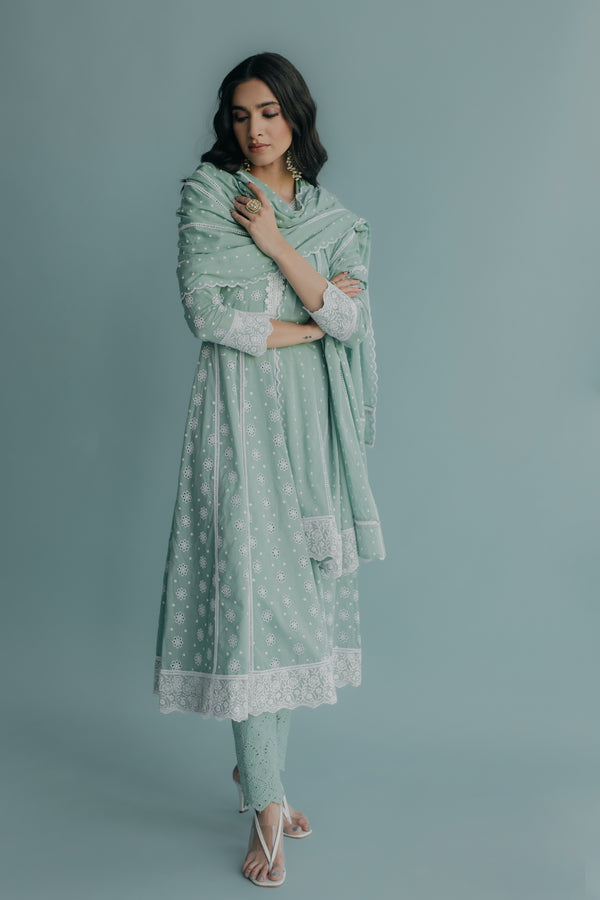 Yasmin Aqua Embroidered Cotton Anarkali, Pant & Dupatta Set