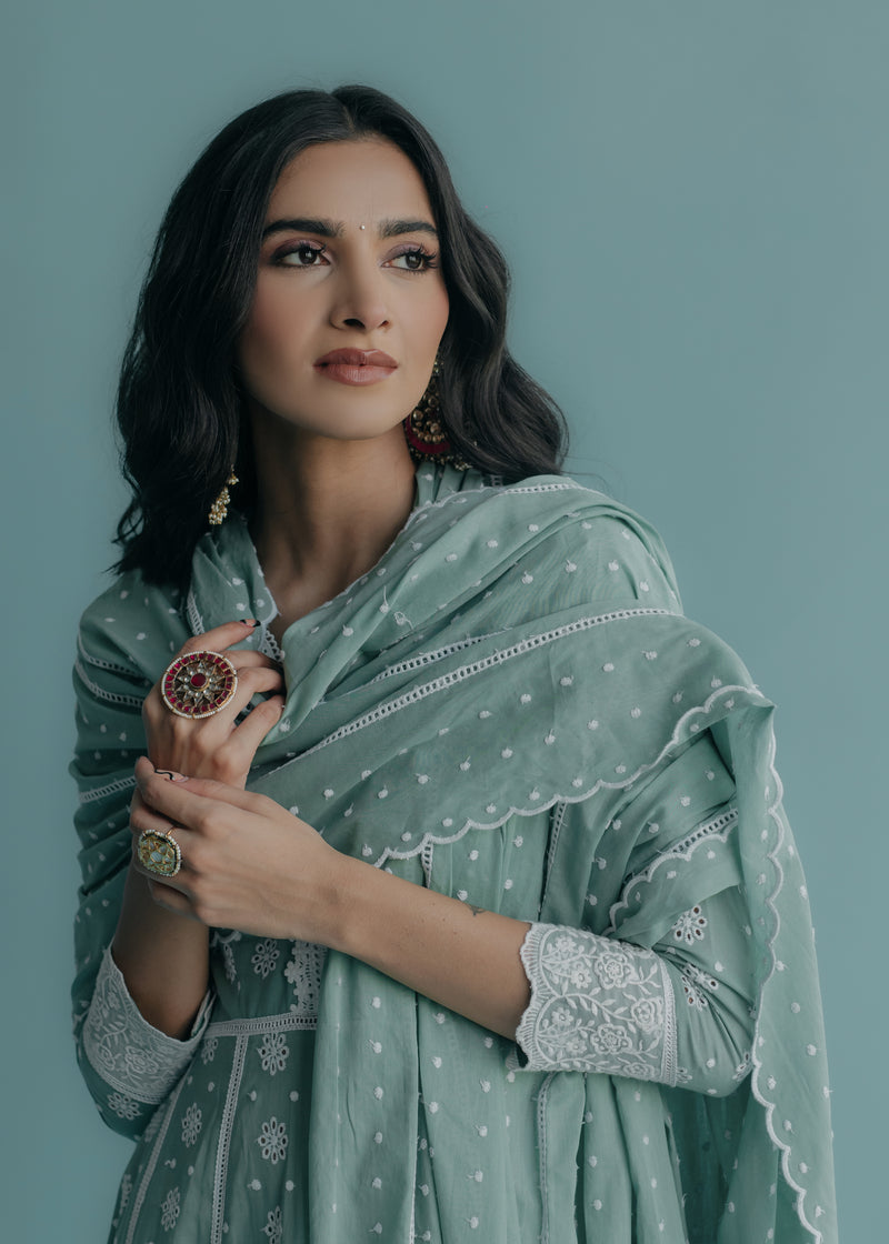 Yasmin Aqua Embroidered Cotton Anarkali
