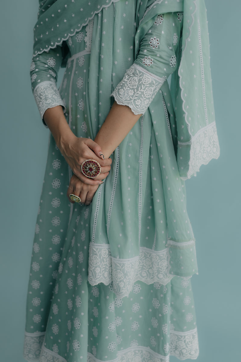 Yasmin Aqua Embroidered Cotton Anarkali