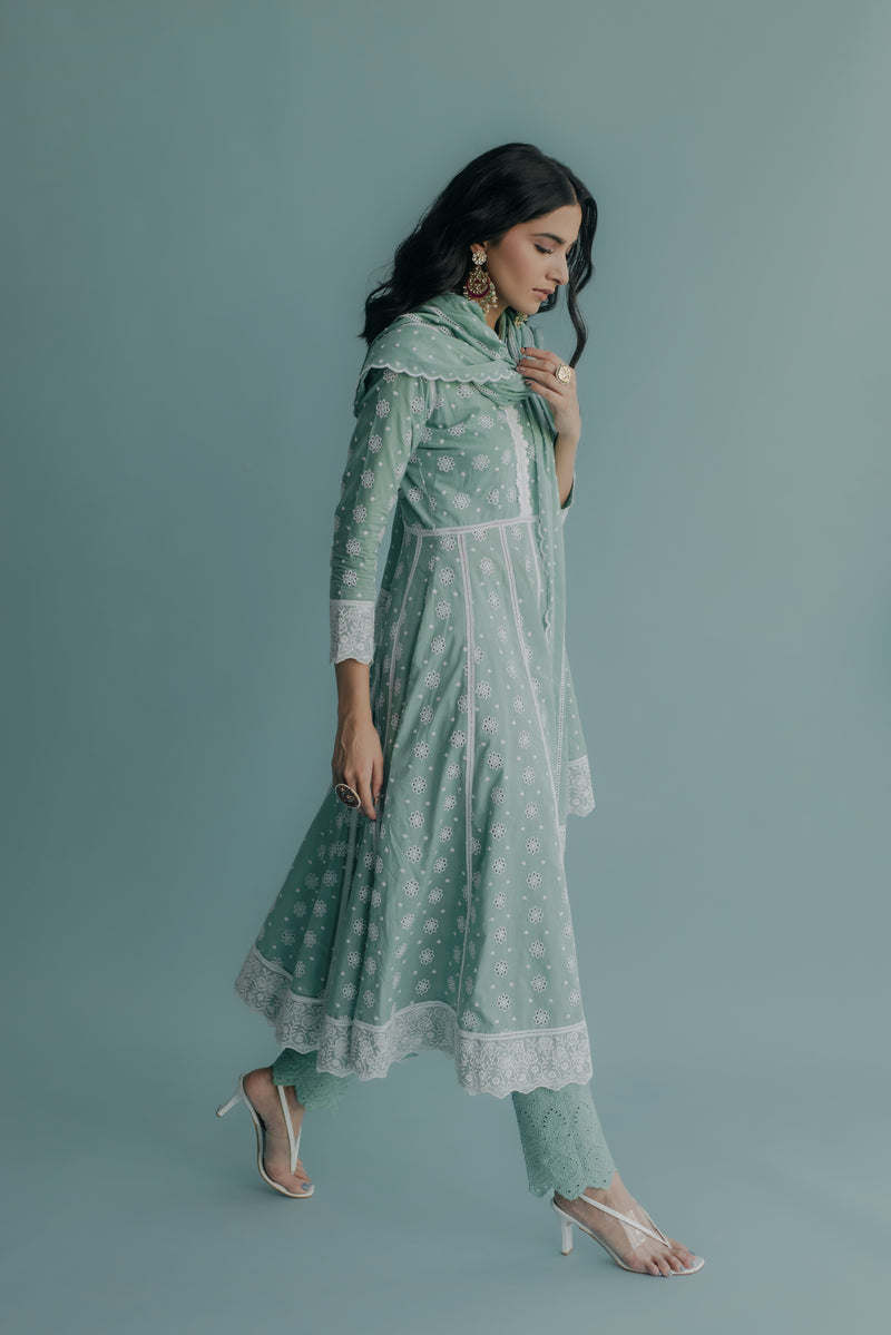 Yasmin Aqua Embroidered Cotton Anarkali