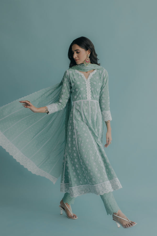 Yasmin Aqua Embroidered Cotton Anarkali, Pant & Dupatta Set