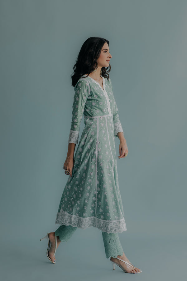Yasmin Aqua Embroidered Cotton Anarkali & Pant Set