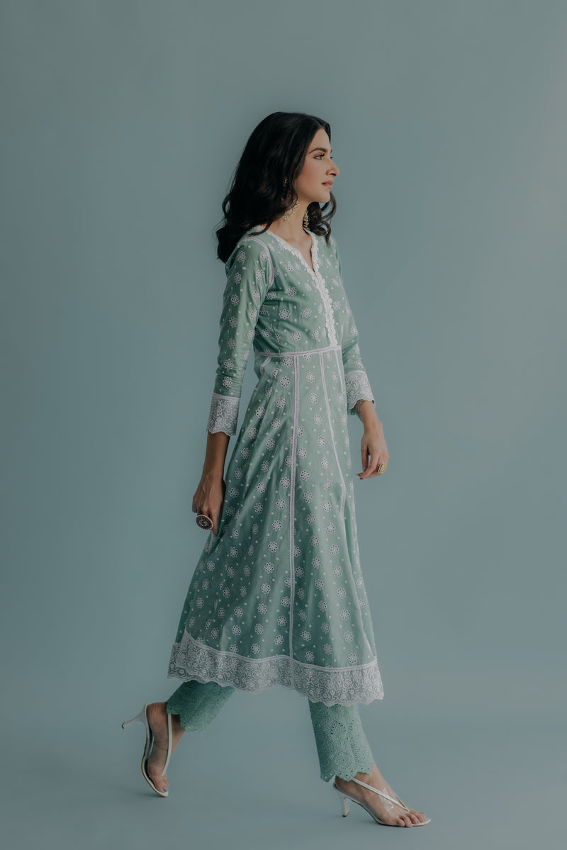Yasmin Aqua Embroidered Cotton Anarkali & Pant Set