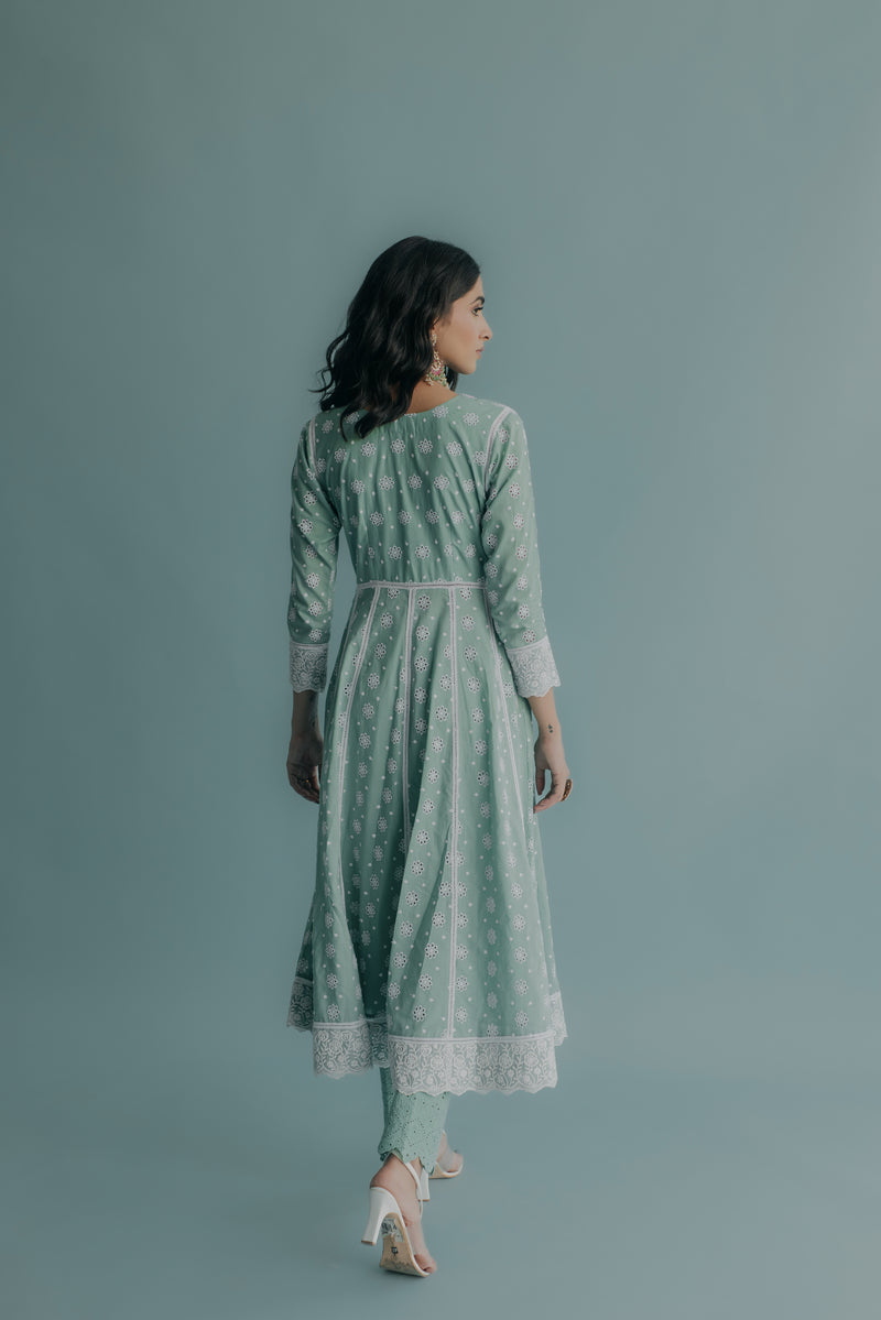 Yasmin Aqua Embroidered Cotton Anarkali & Pant Set