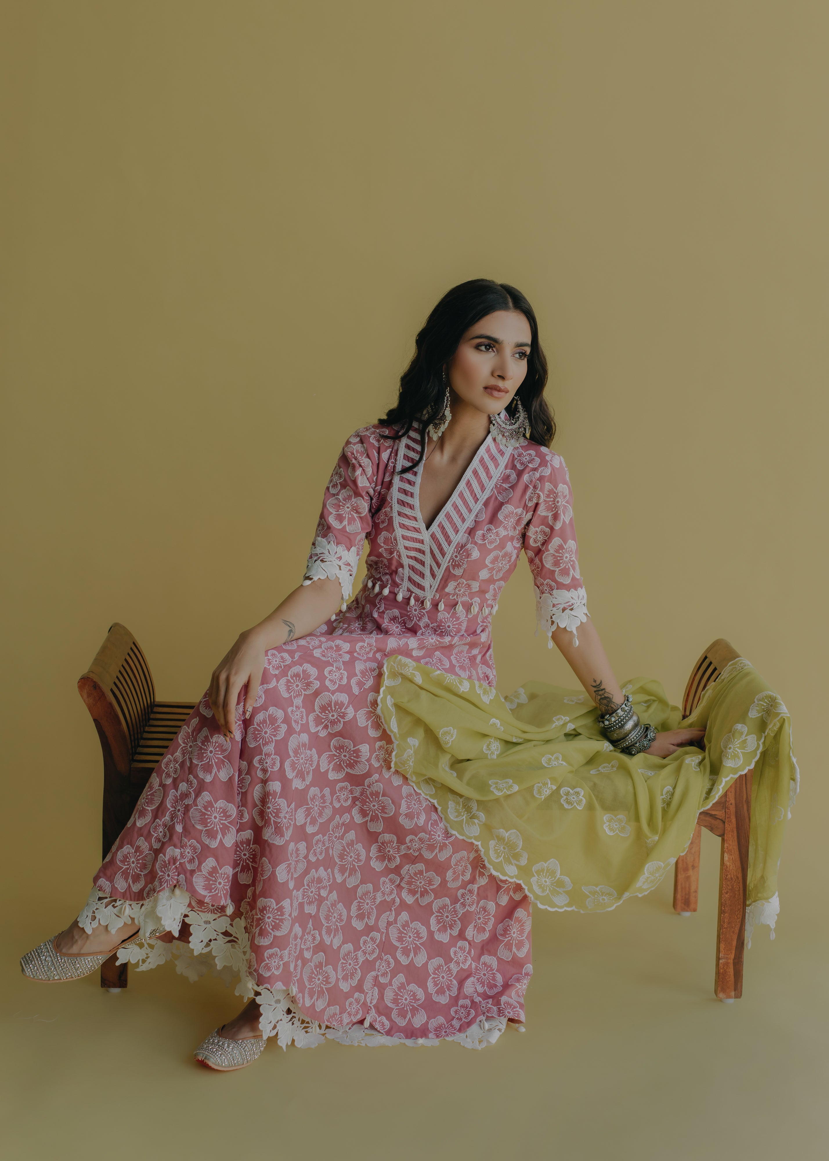Meher Pink & Green Embroidered Cotton Anarkali