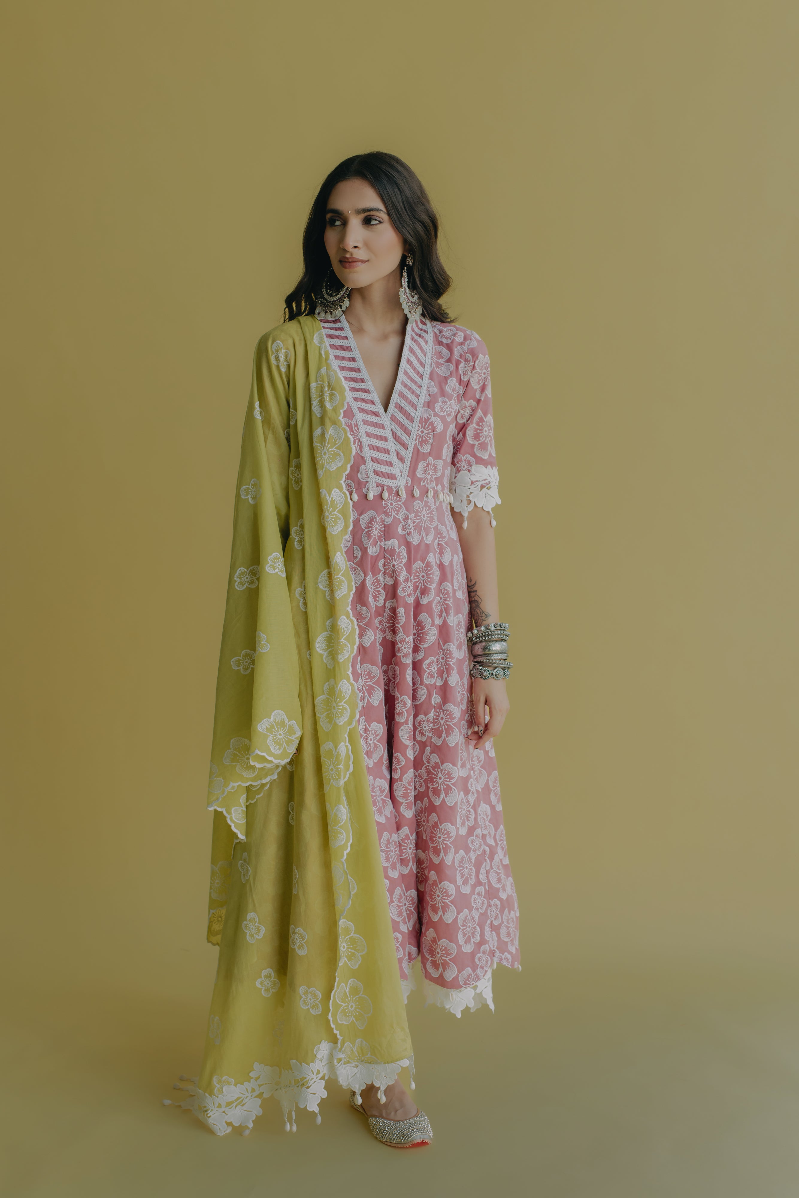 Meher Pink & Green Embroidered Cotton Anarkali Set of 3