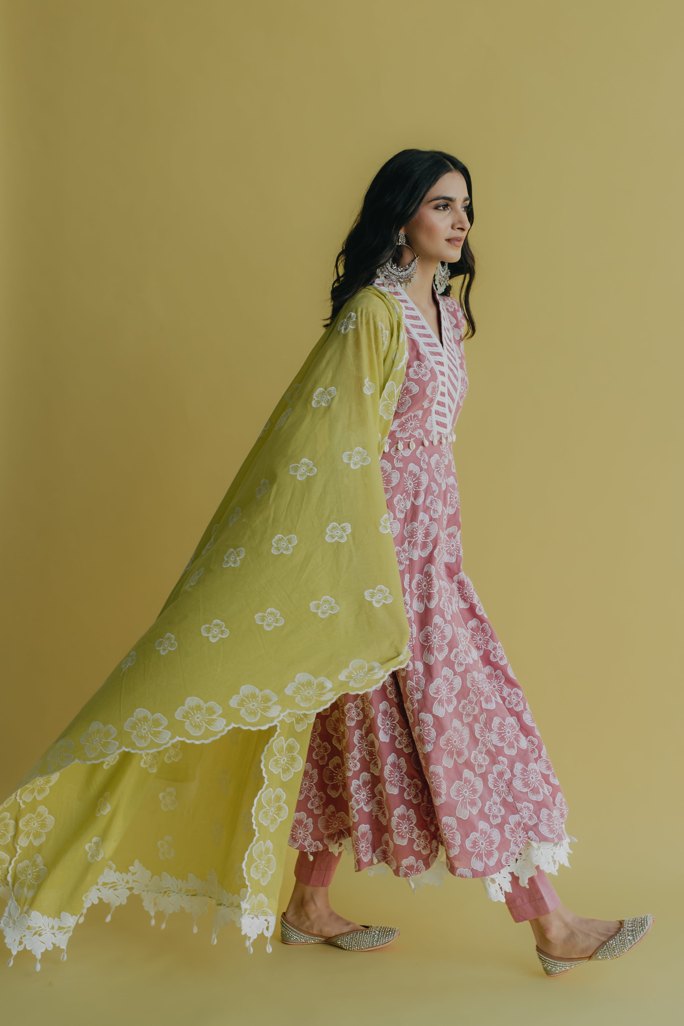 Meher Pink & Green Embroidered Cotton Anarkali Set of 3
