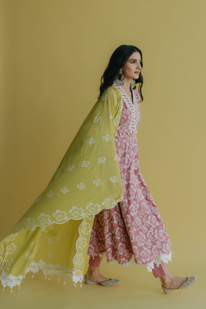 Meher Pink & Green Embroidered Cotton Anarkali Set of 3