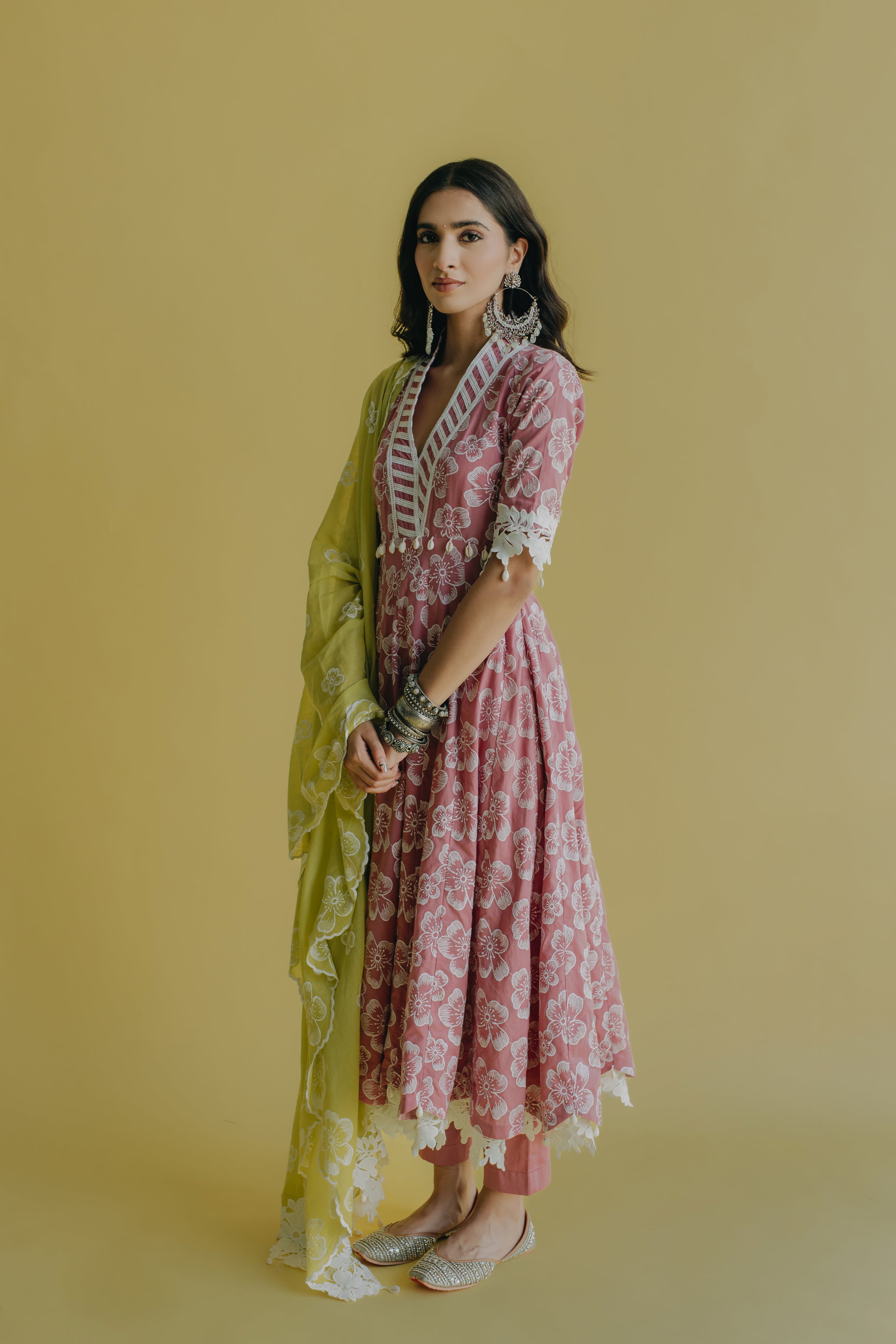 Meher Pink & Green Embroidered Cotton Anarkali Set of 3