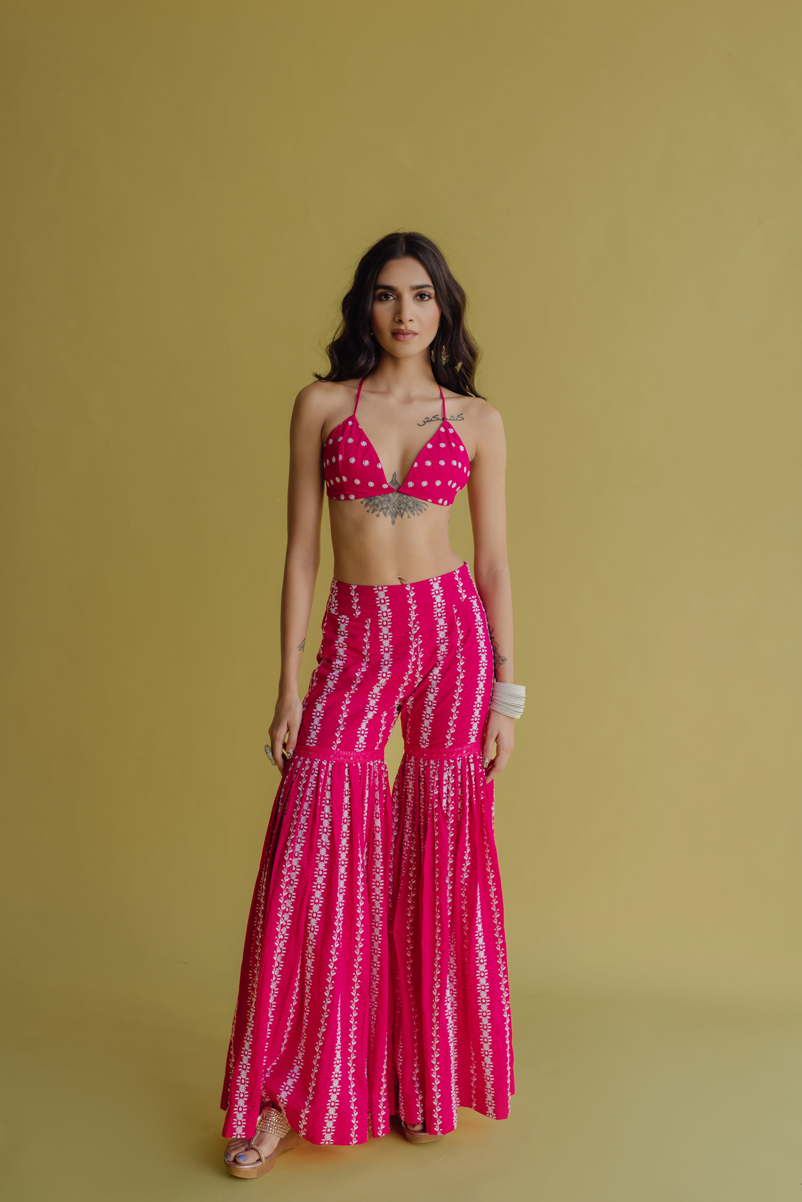 Alia Hot Pink Embroidered Cotton Blouse and Sharara Set