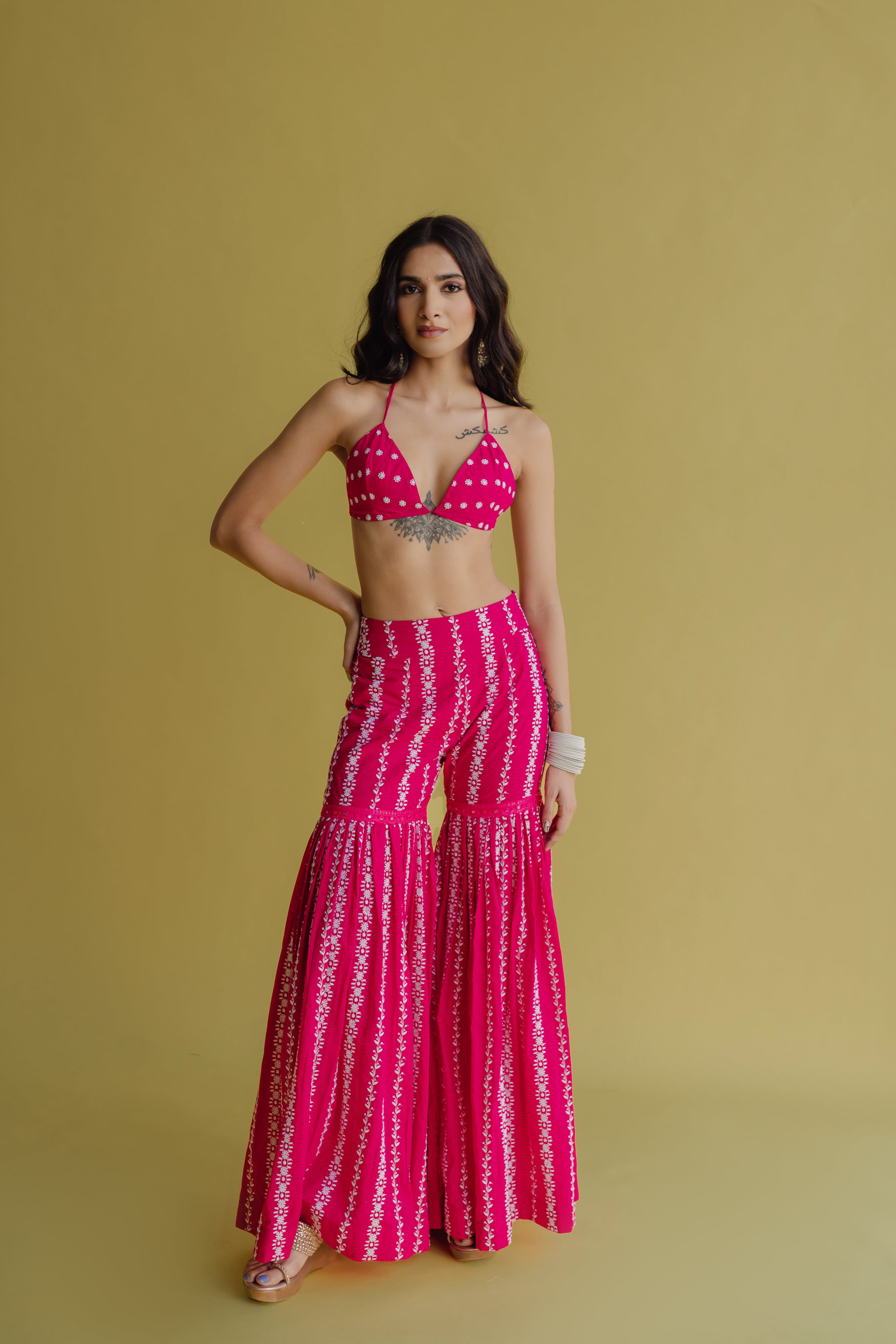 Alia Hot Pink Embroidered Cotton Blouse and Sharara Set