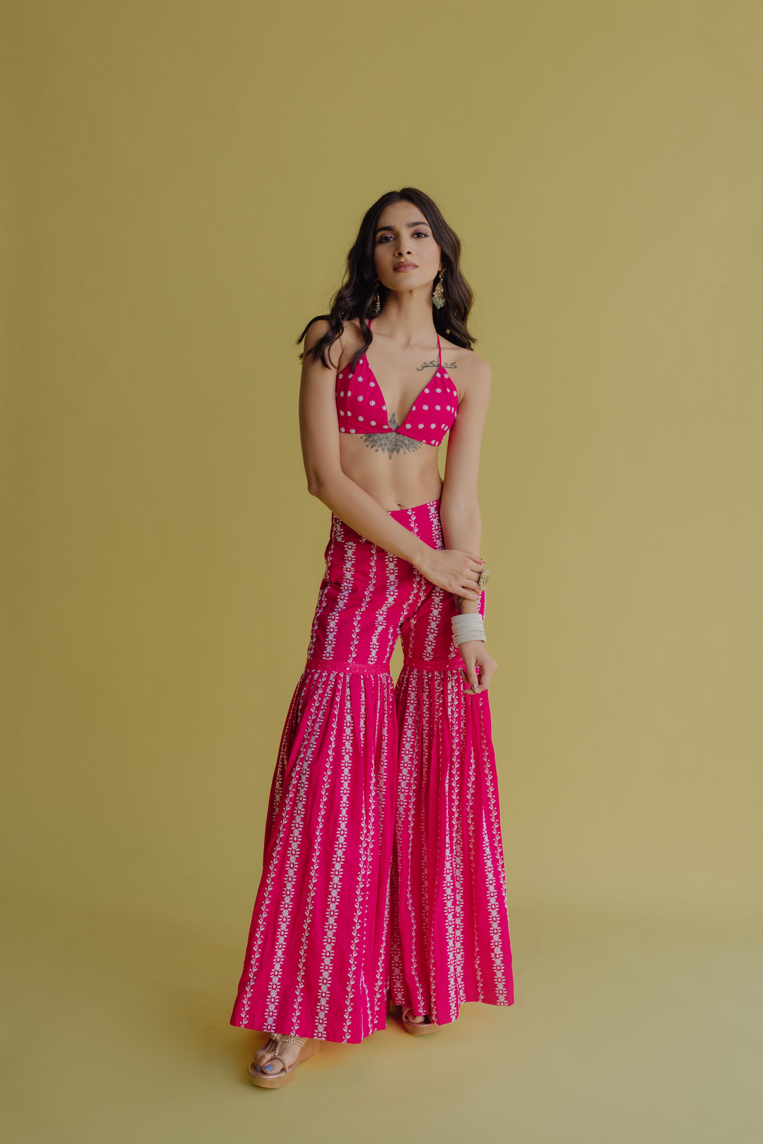 Alia Hot Pink Embroidered Cotton Blouse and Sharara Set