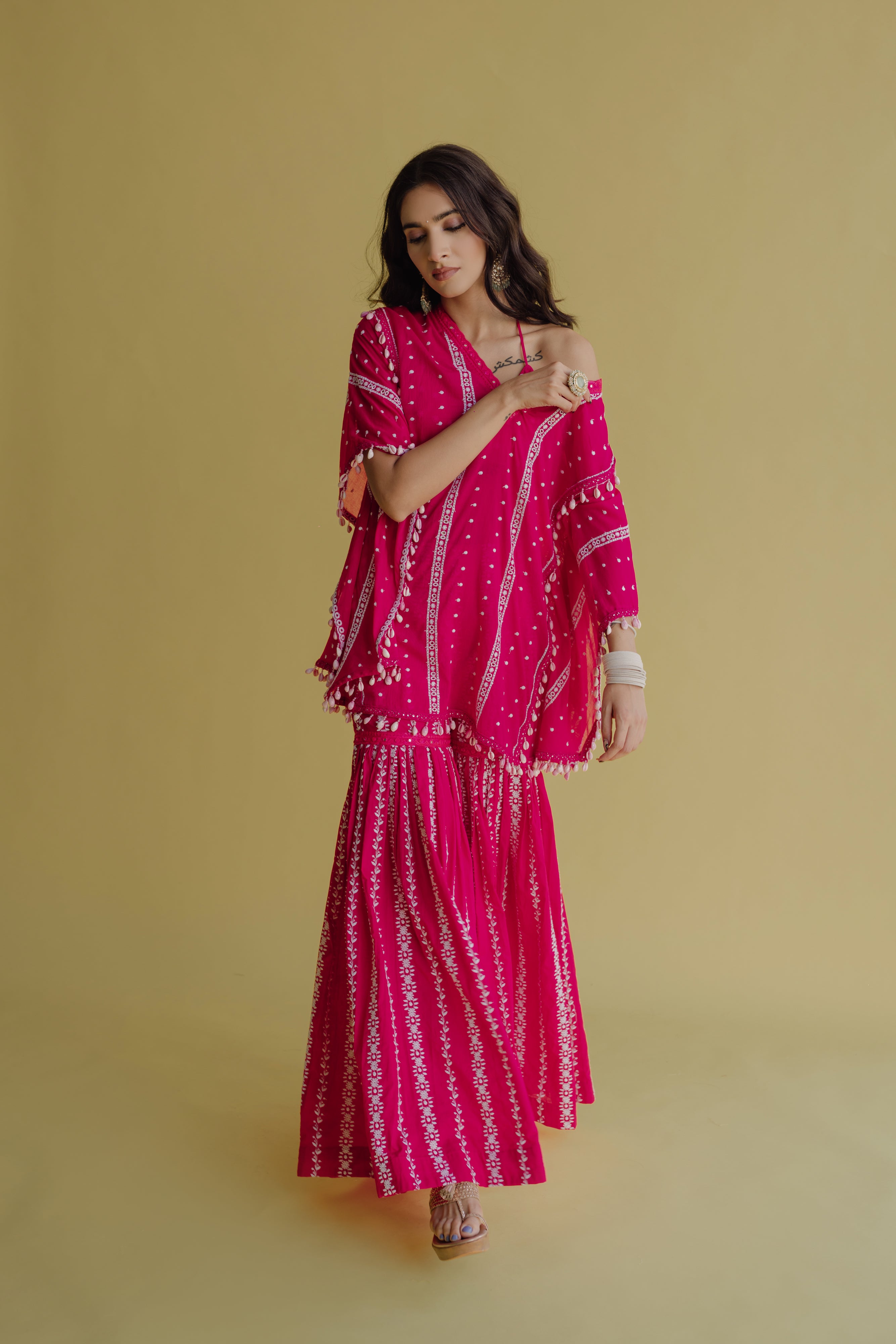 Alia Hot Pink Embroidered Cotton Kaftan, Blouse and Sharara Set
