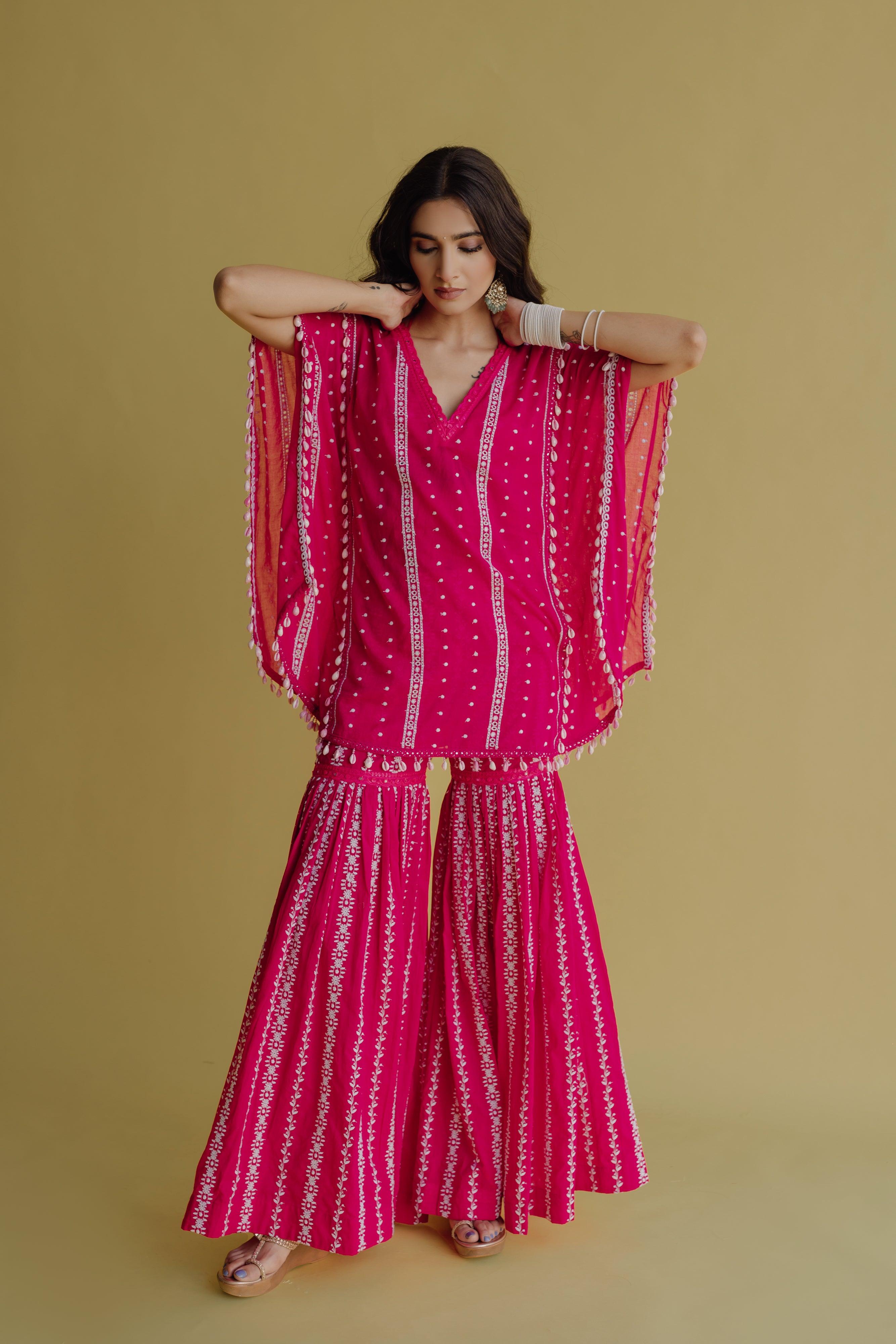 Alia Hot Pink Embroidered Cotton Kaftan, Blouse and Sharara Set