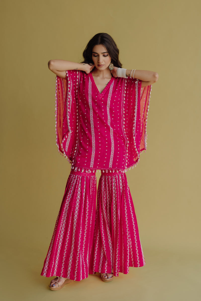 Alia Hot Pink Embroidered Cotton Kaftan, Blouse and Sharara Set