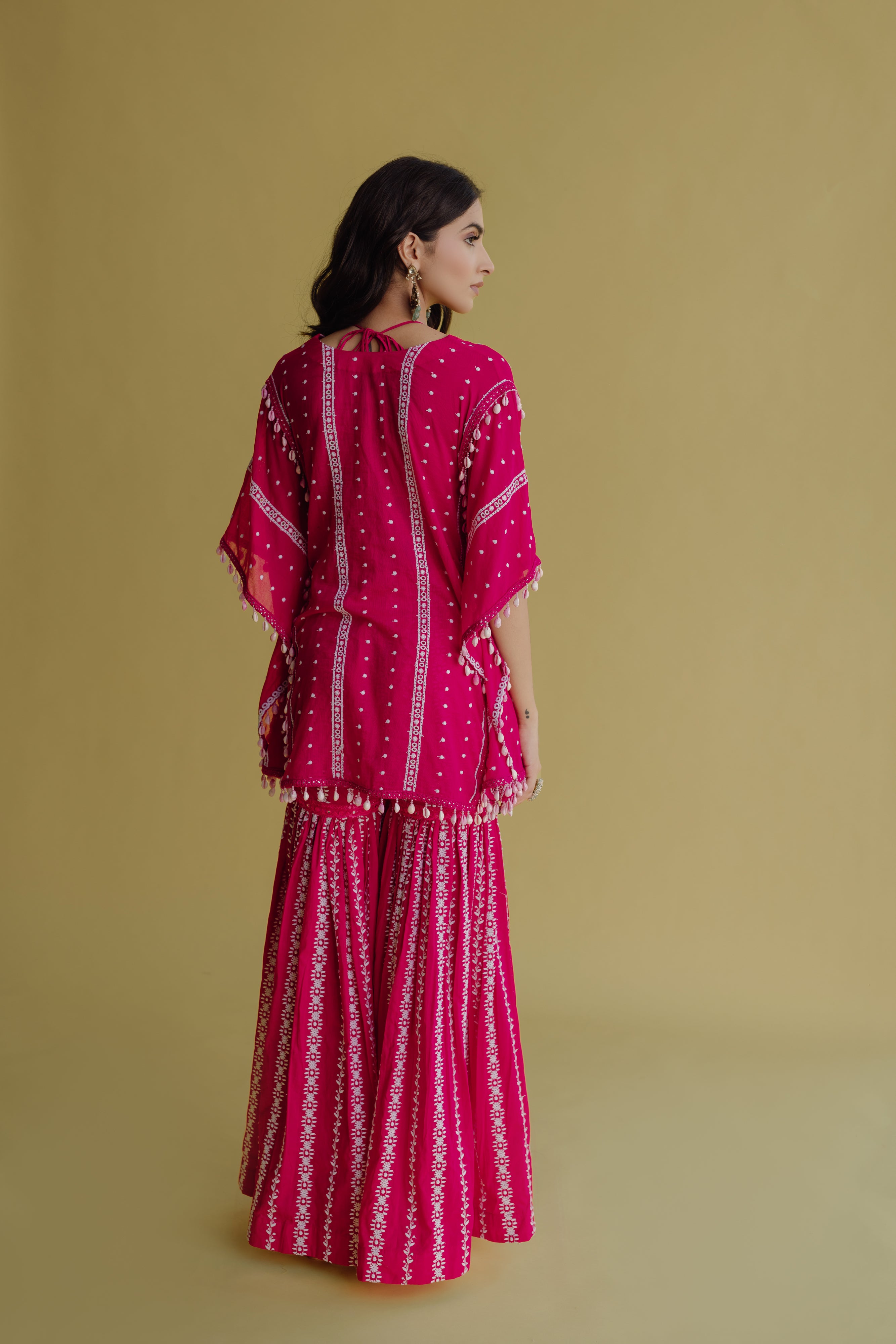 Alia Hot Pink Embroidered Cotton Kaftan, Blouse and Sharara Set