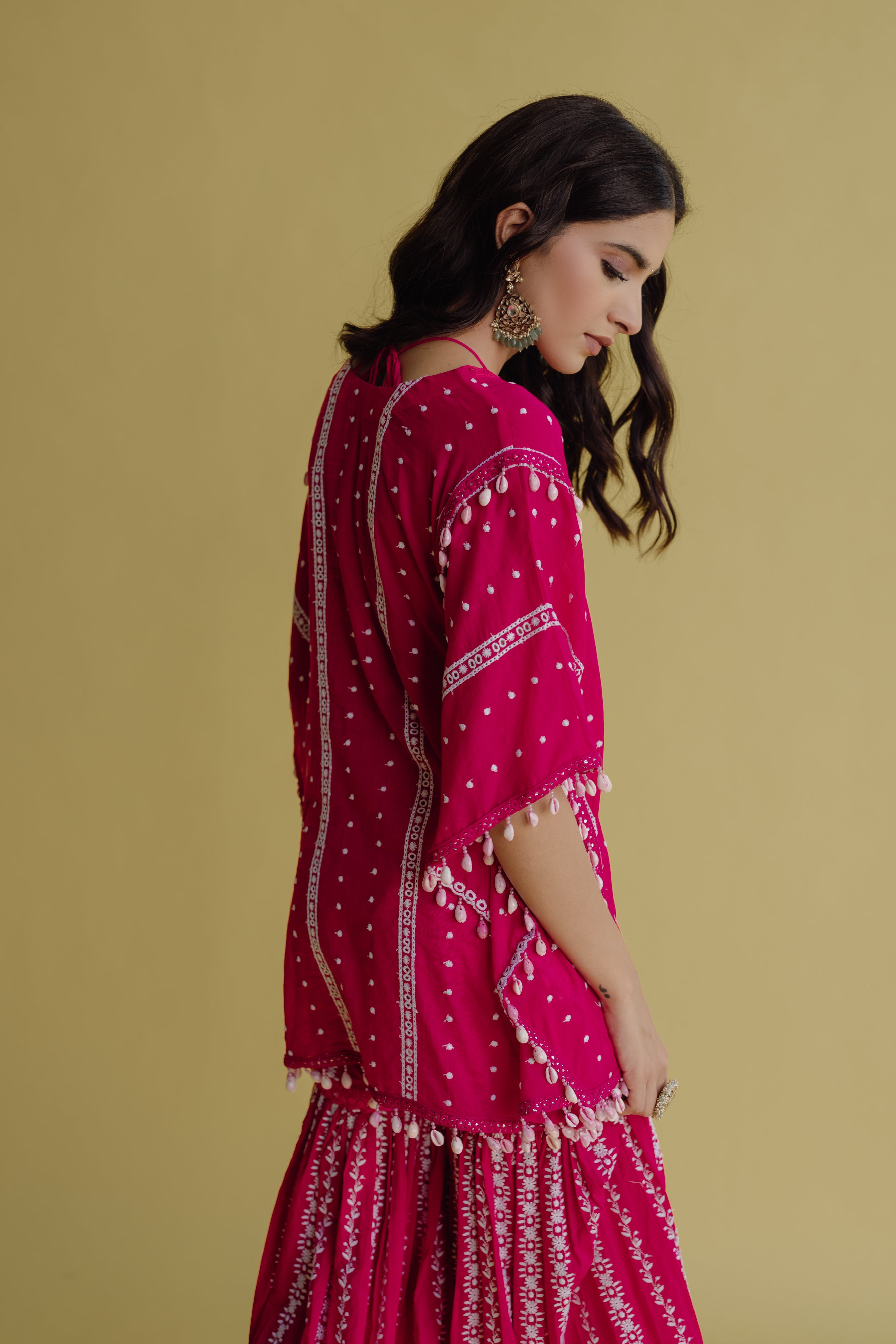 Alia Hot Pink Embroidered Cotton Kaftan, Blouse and Sharara Set