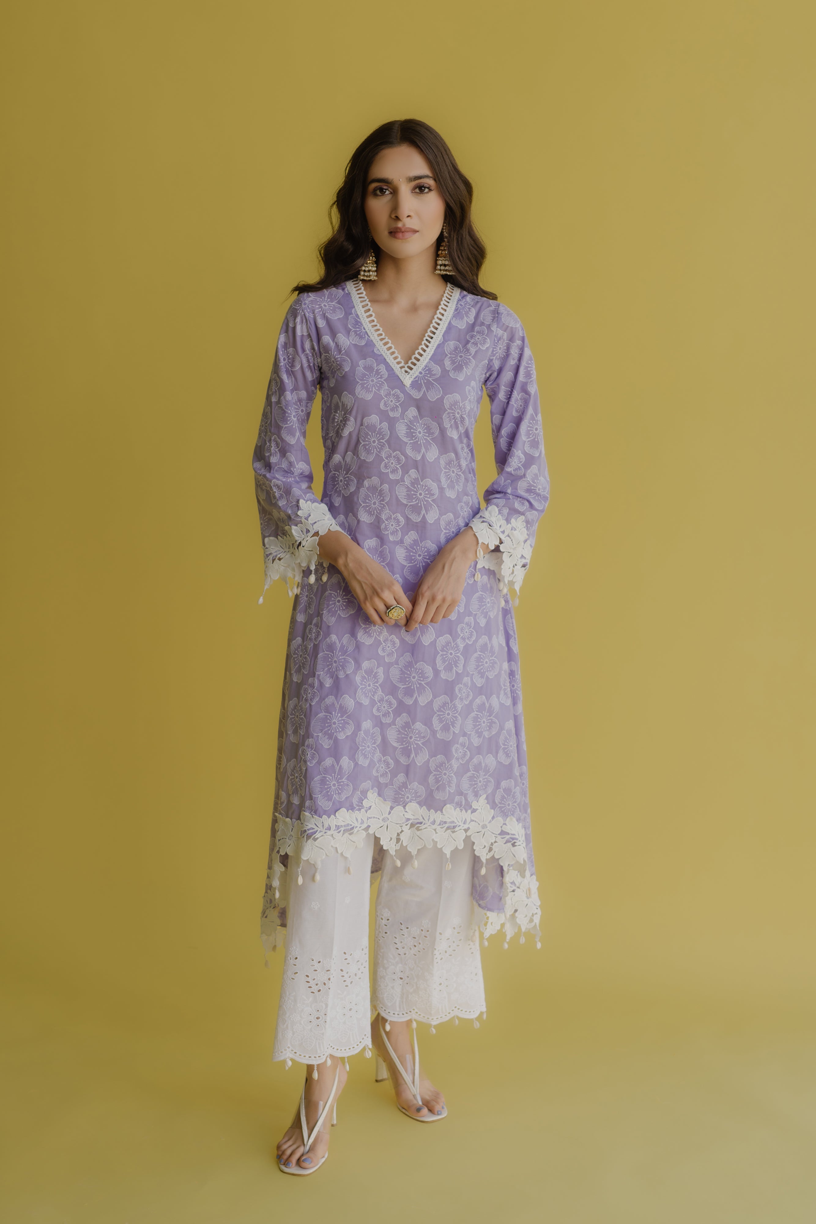 Noor Lilac Embroidered Cotton Kurta, Pant & Dupatta Set