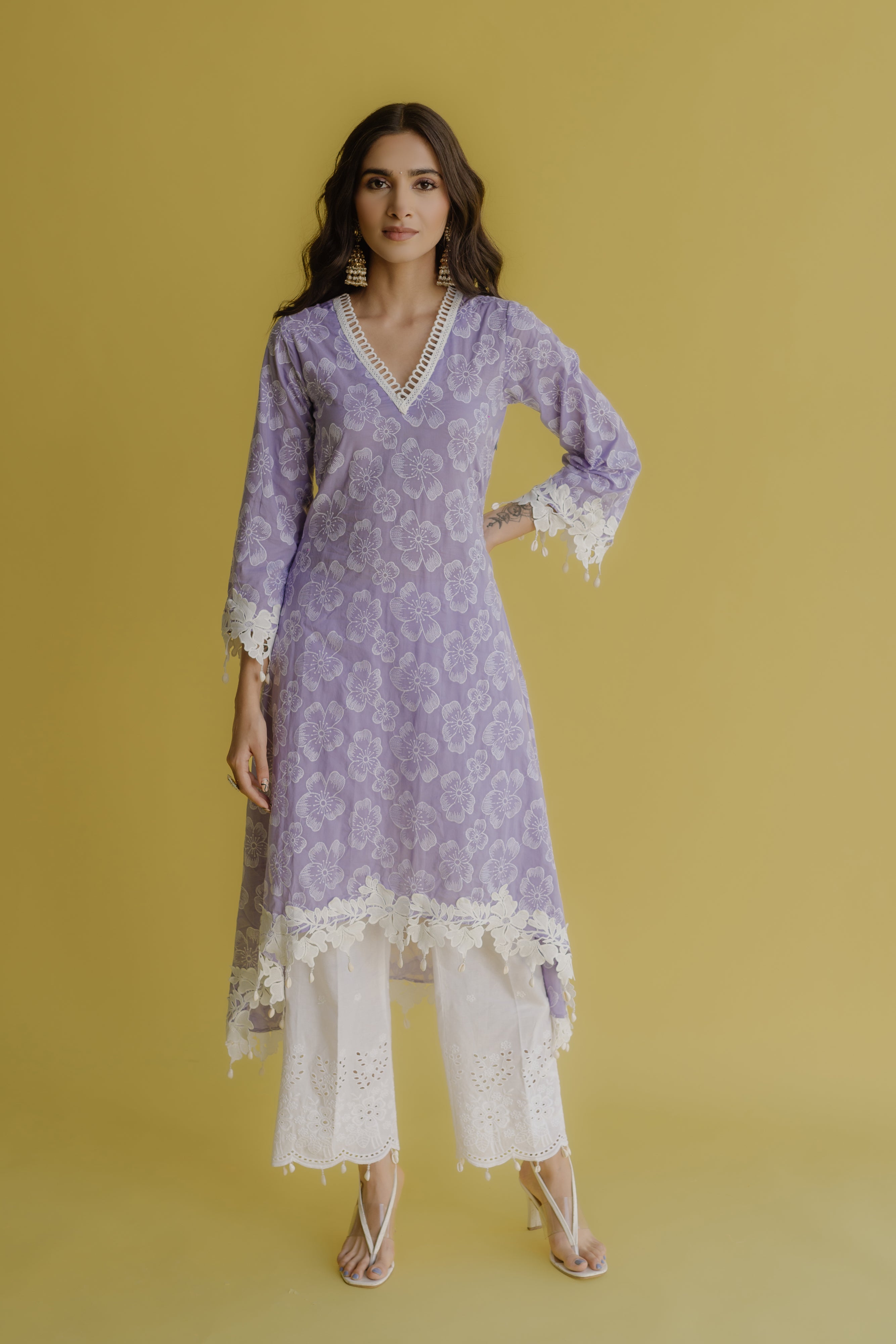 Noor Lilac Embroidered Cotton Kurta