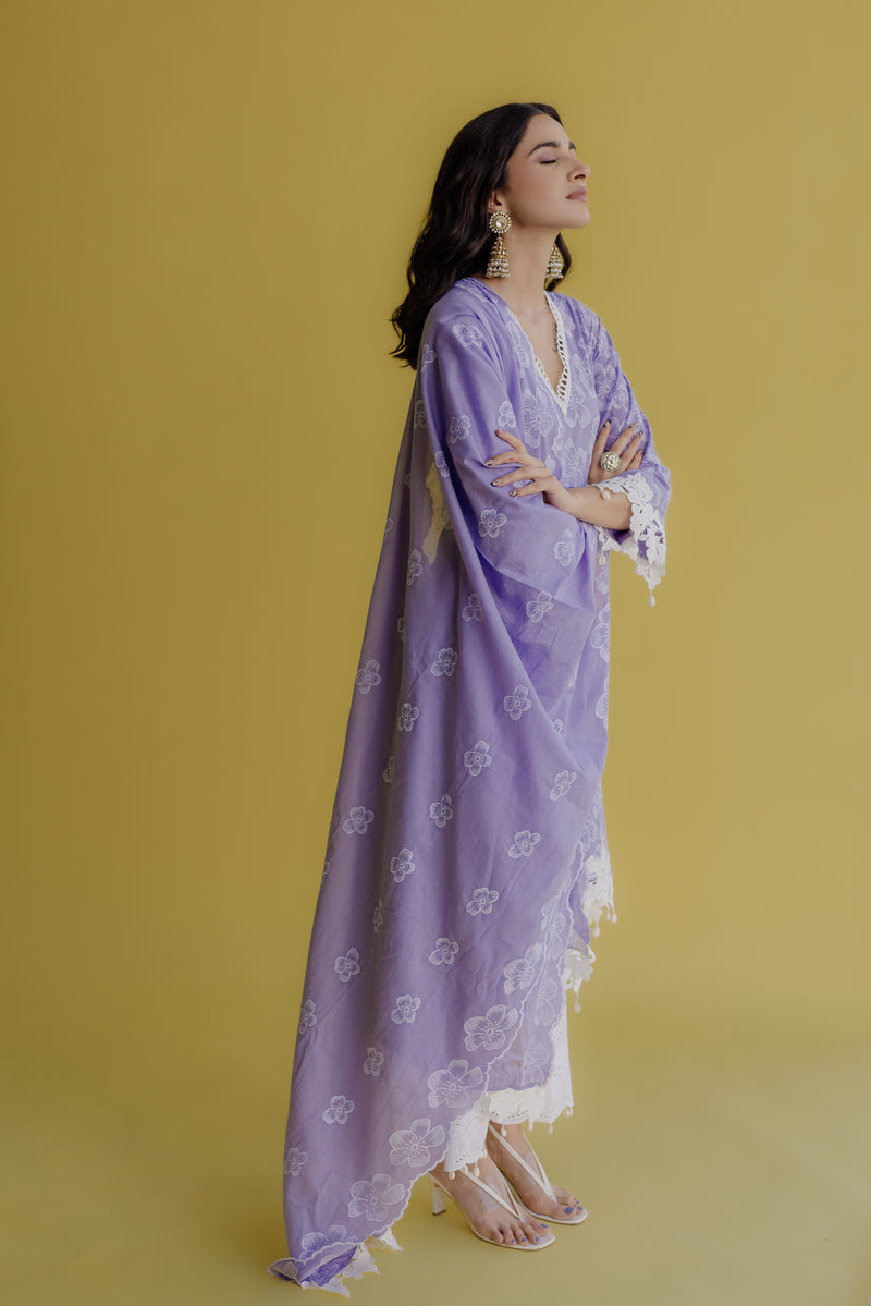 Women Liva Rayon Lilac Embroidered Kurta Comfort Pant Dupatta main image 1