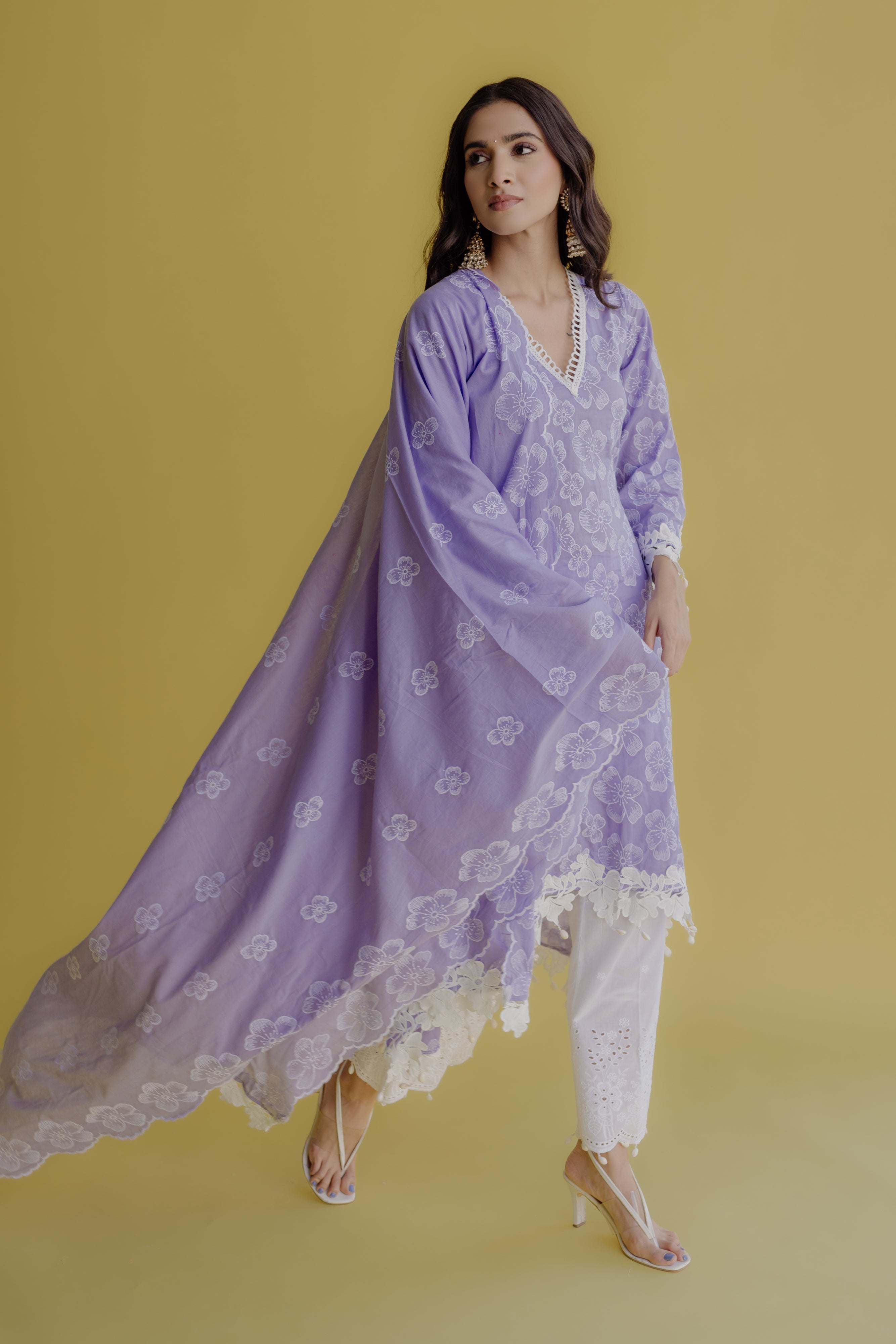 Noor Lilac Embroidered Cotton Kurta, Pant & Dupatta Set