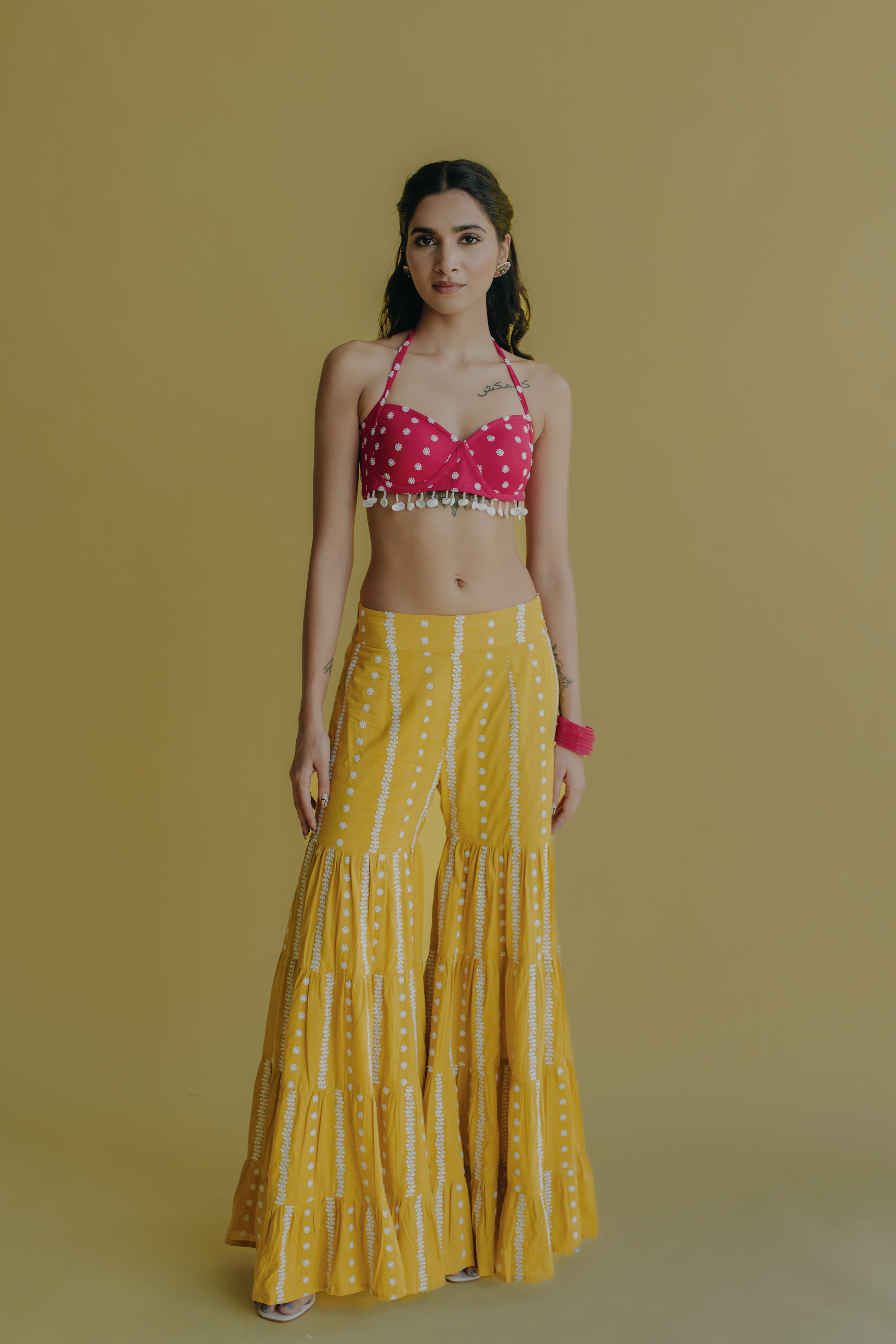 Aisha Yellow & Hot Pink Embroidered Cotton Bustier and Sharara Set