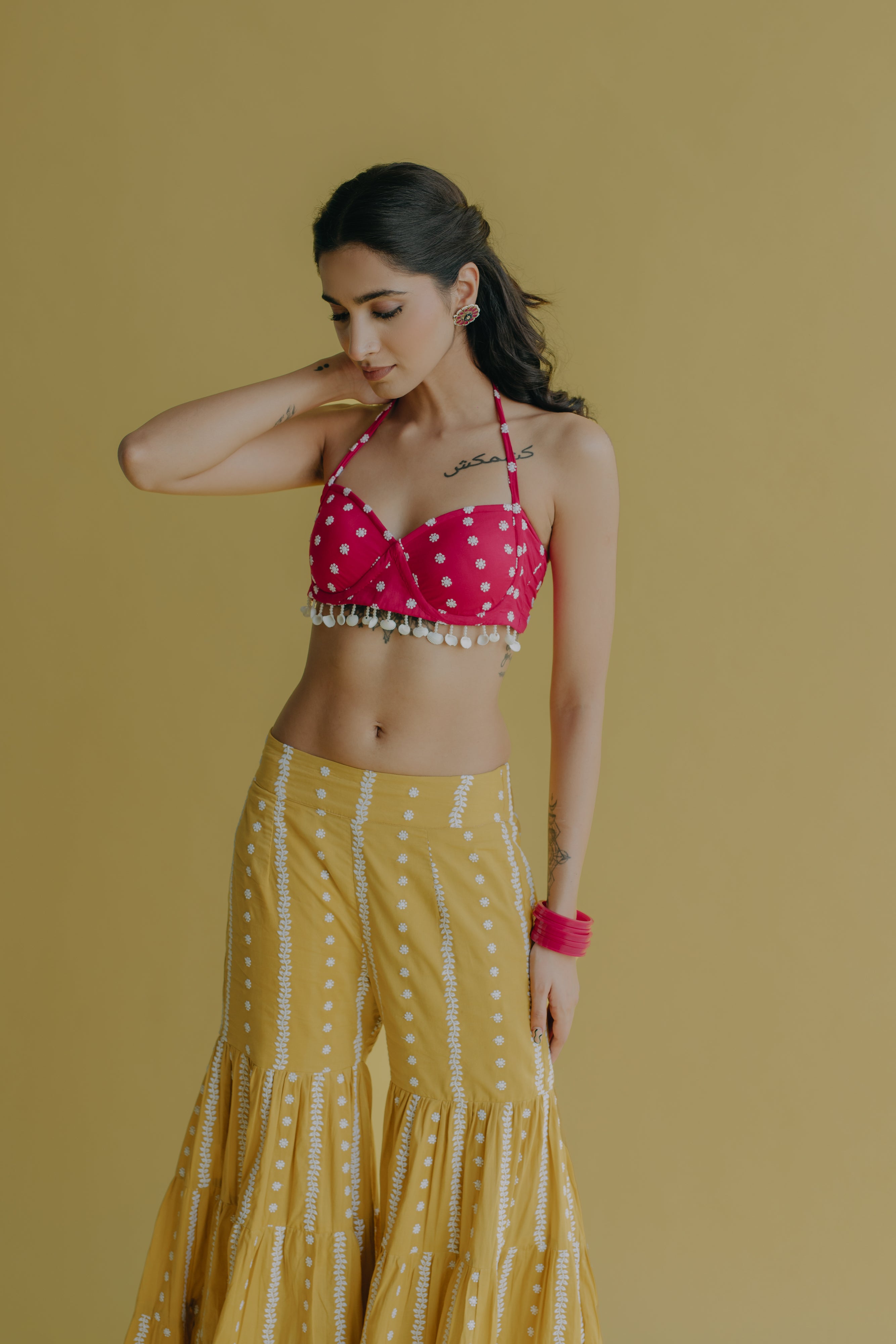 Aisha Yellow & Hot Pink Embroidered Cotton Bustier and Sharara Set
