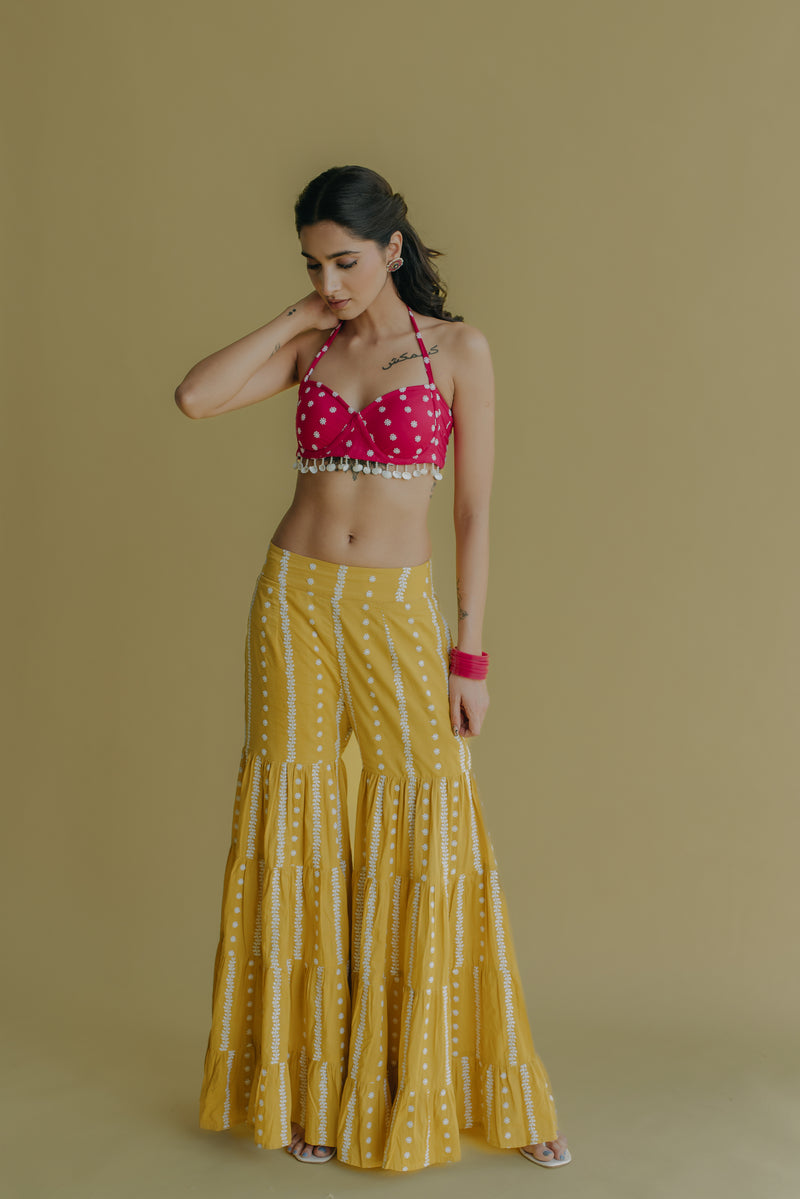 Aisha Yellow & Hot Pink Embroidered Cotton Bustier and Sharara Set