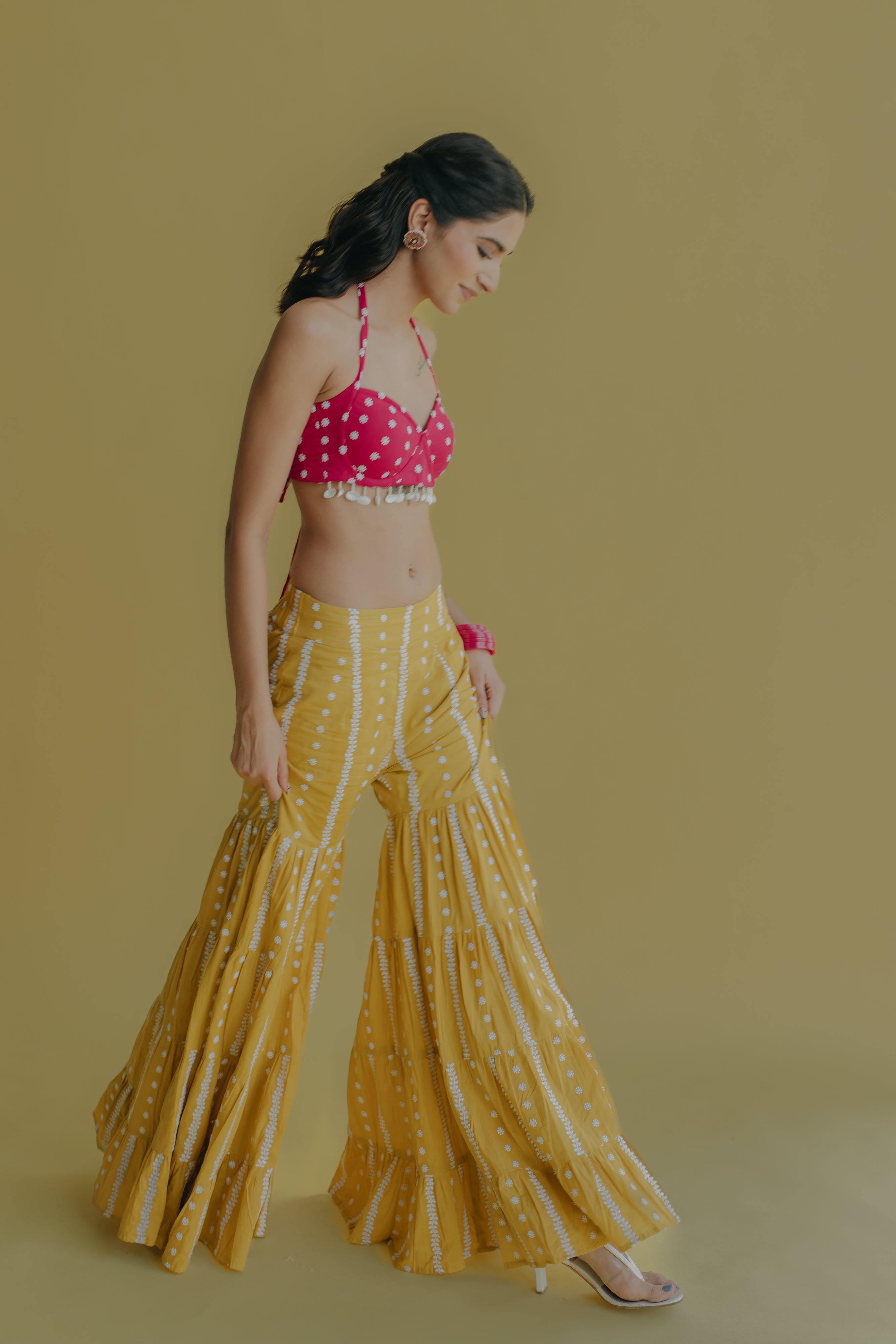 Aisha Yellow & Hot Pink Embroidered Cotton Bustier and Sharara Set