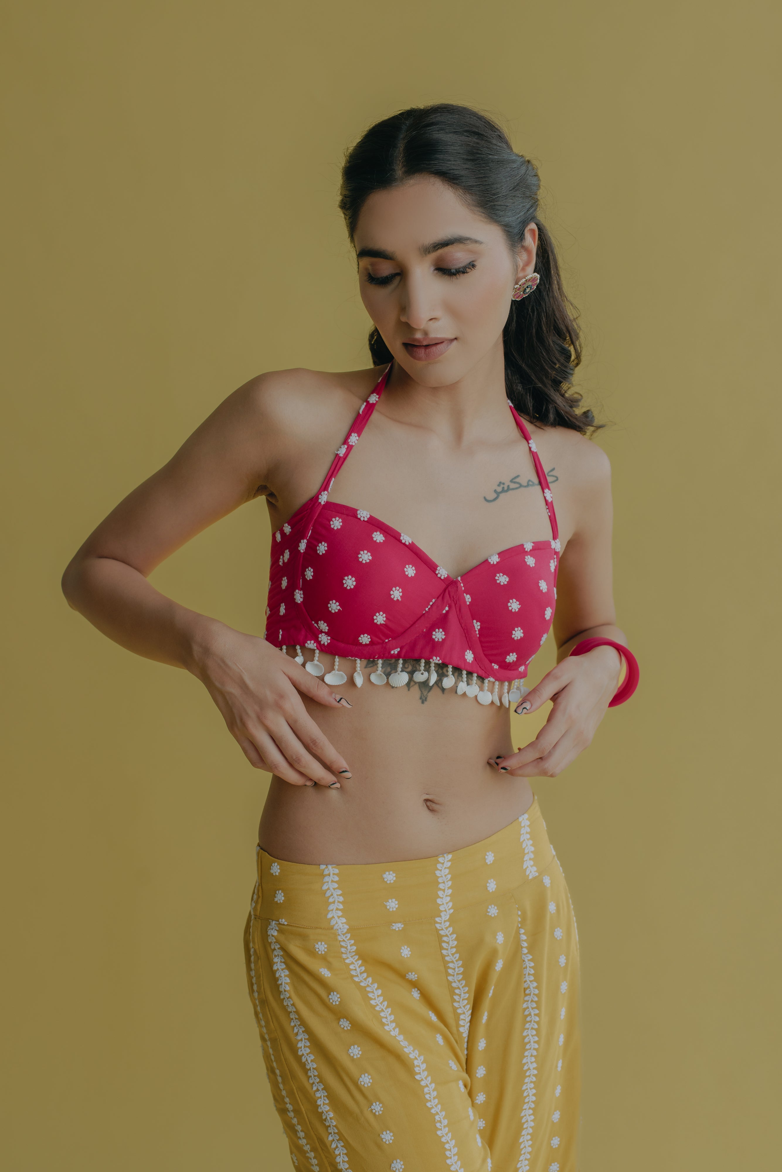 Aisha Yellow & Hot Pink Embroidered Cotton Bustier and Sharara Set