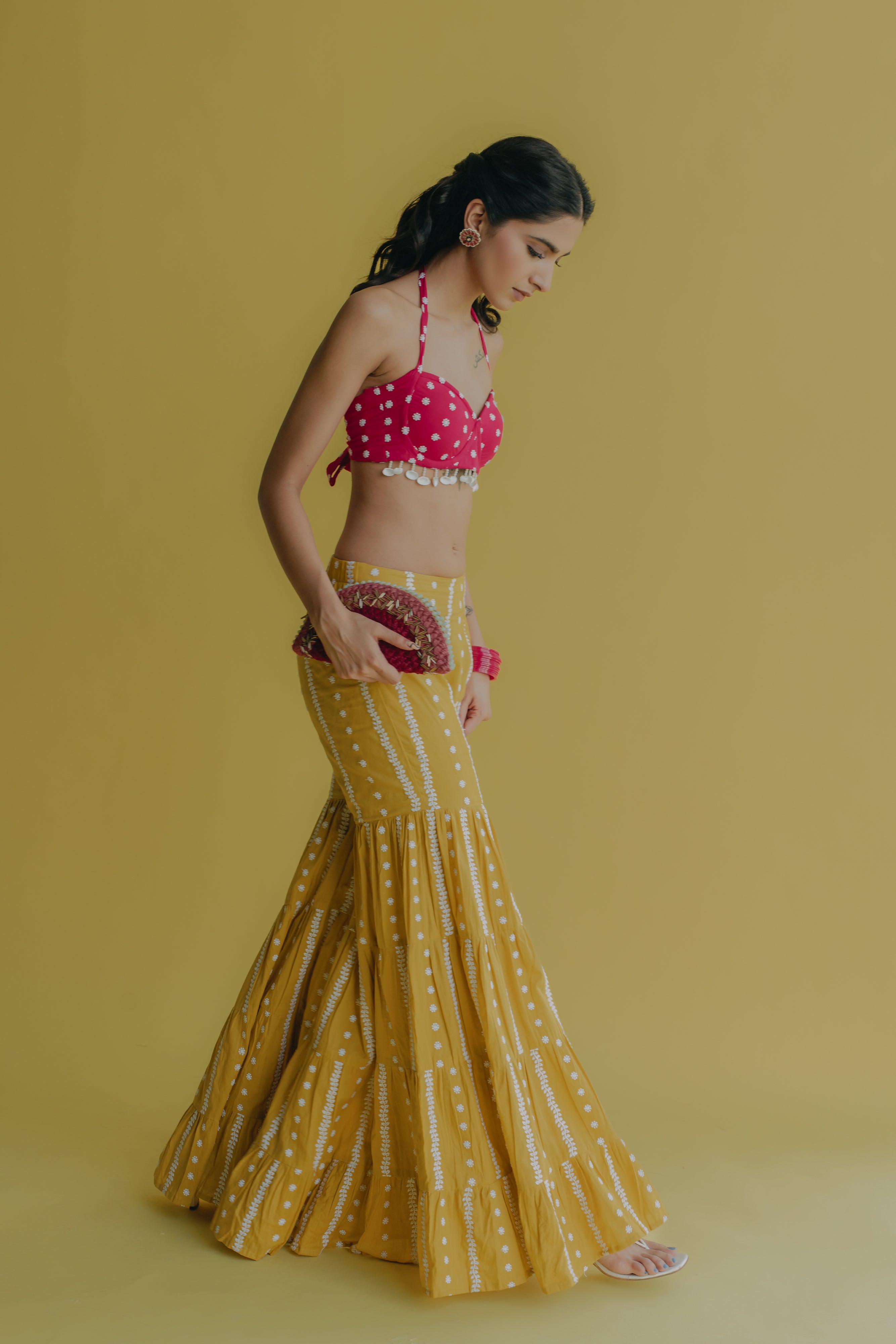 Aisha Yellow & Hot Pink Embroidered Cotton Bustier and Sharara Set