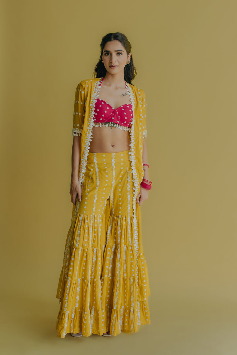 Aisha Yellow & Hot Pink Embroidered Cotton Jacket, Bustier and Sharara Set