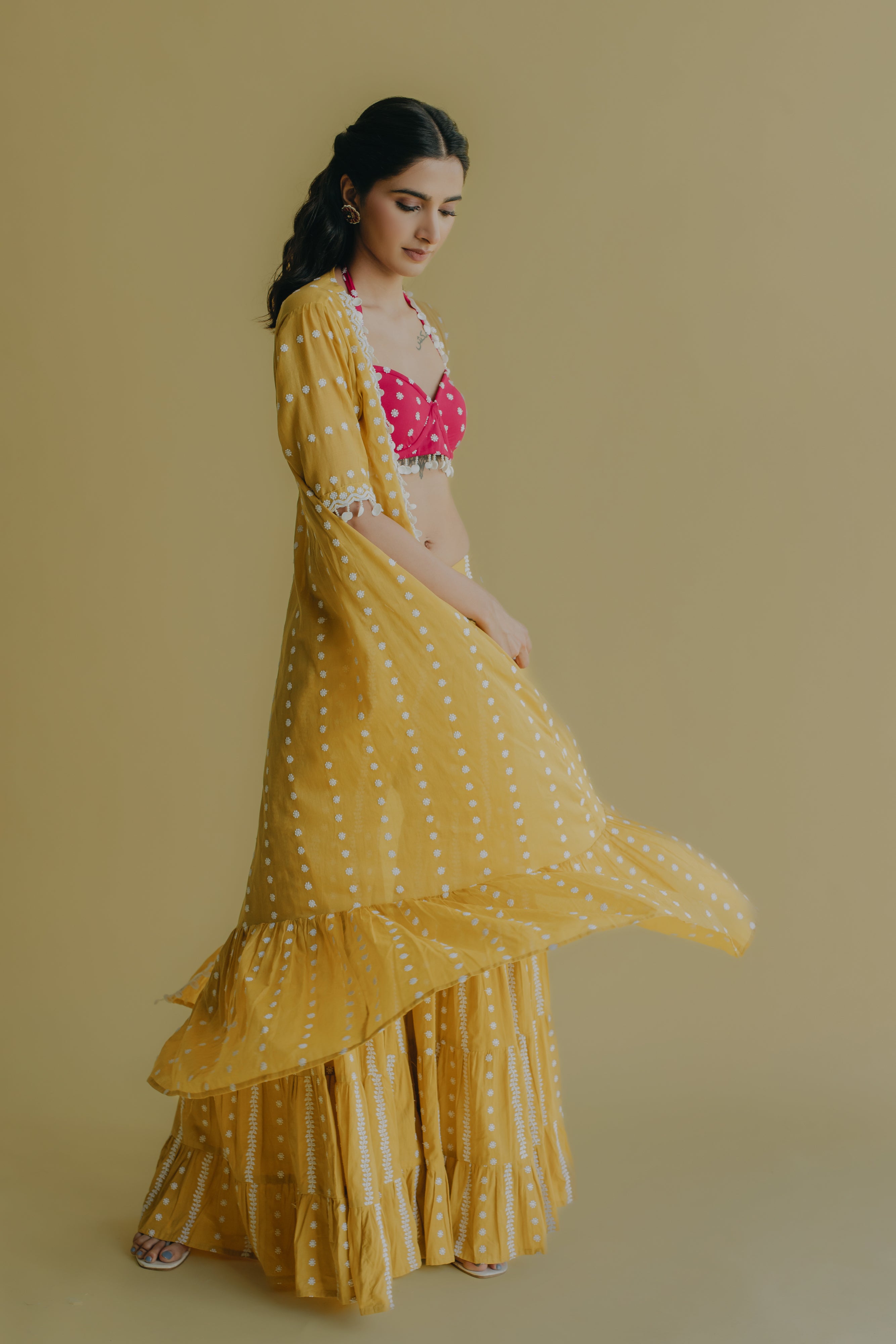 Aisha Yellow & Hot Pink Embroidered Cotton Jacket, Bustier and Sharara Set