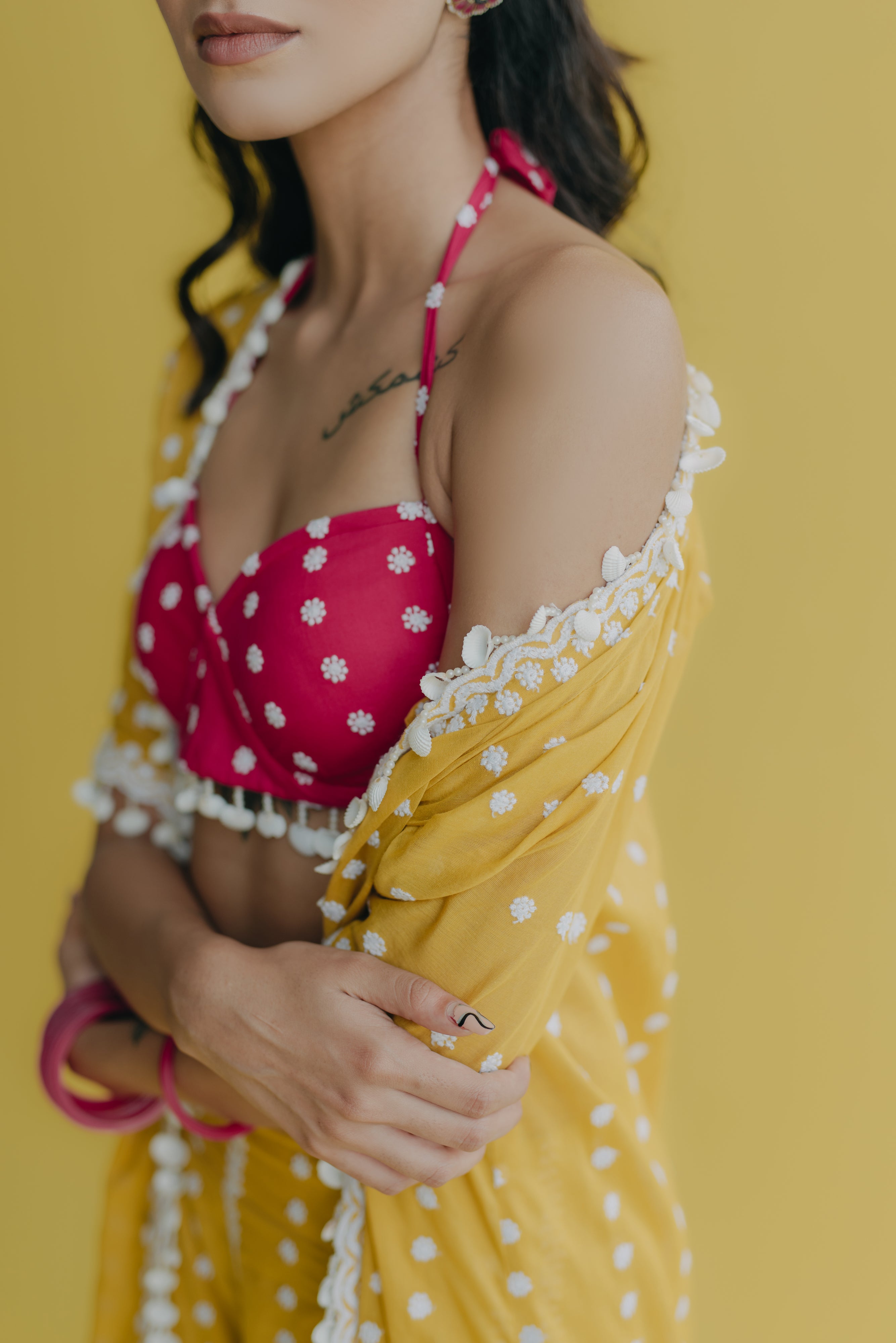 Aisha Yellow & Hot Pink Embroidered Cotton Jacket, Bustier and Sharara Set