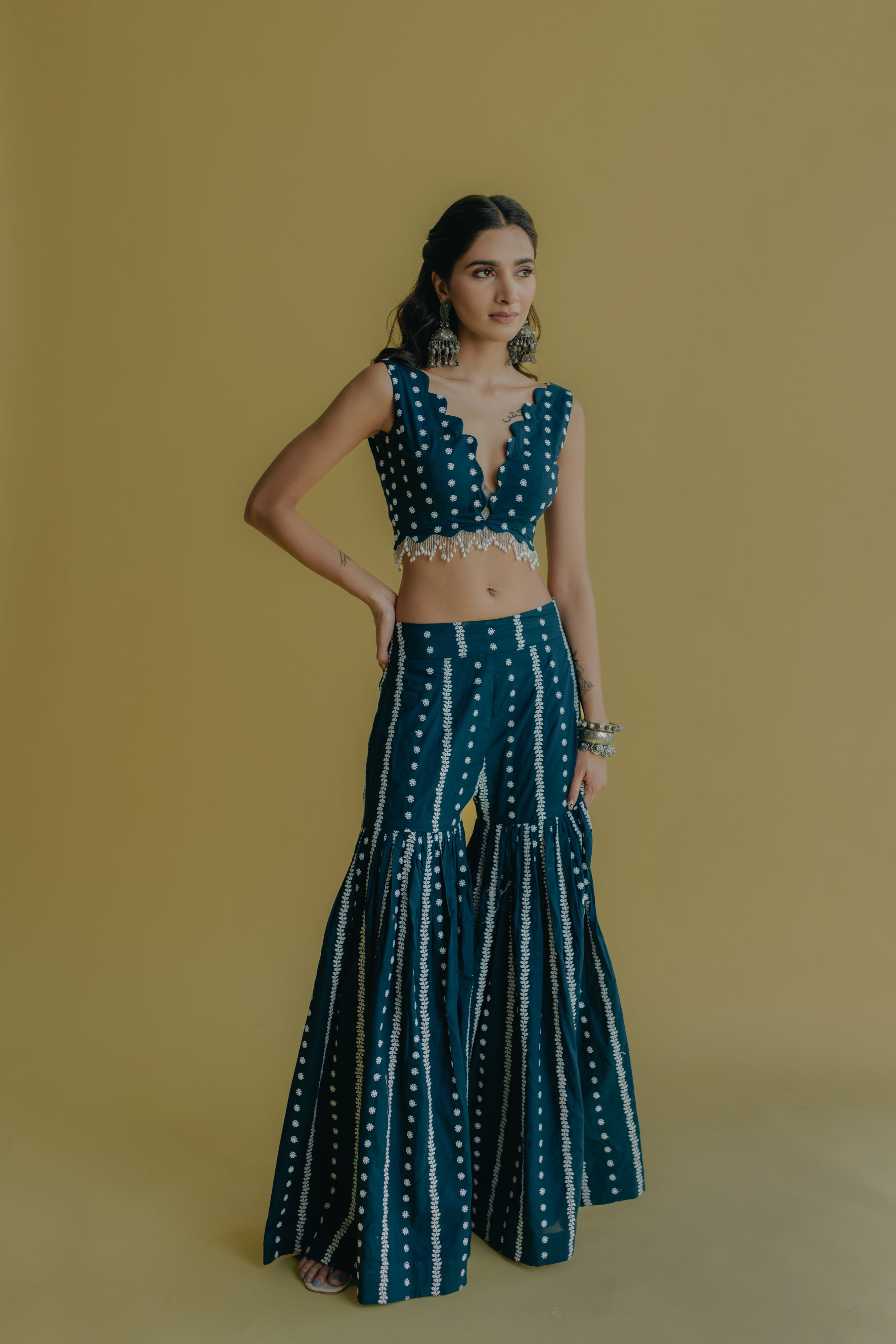 Inaya Royal Blue Embroidered Cotton Blouse and Sharara Set