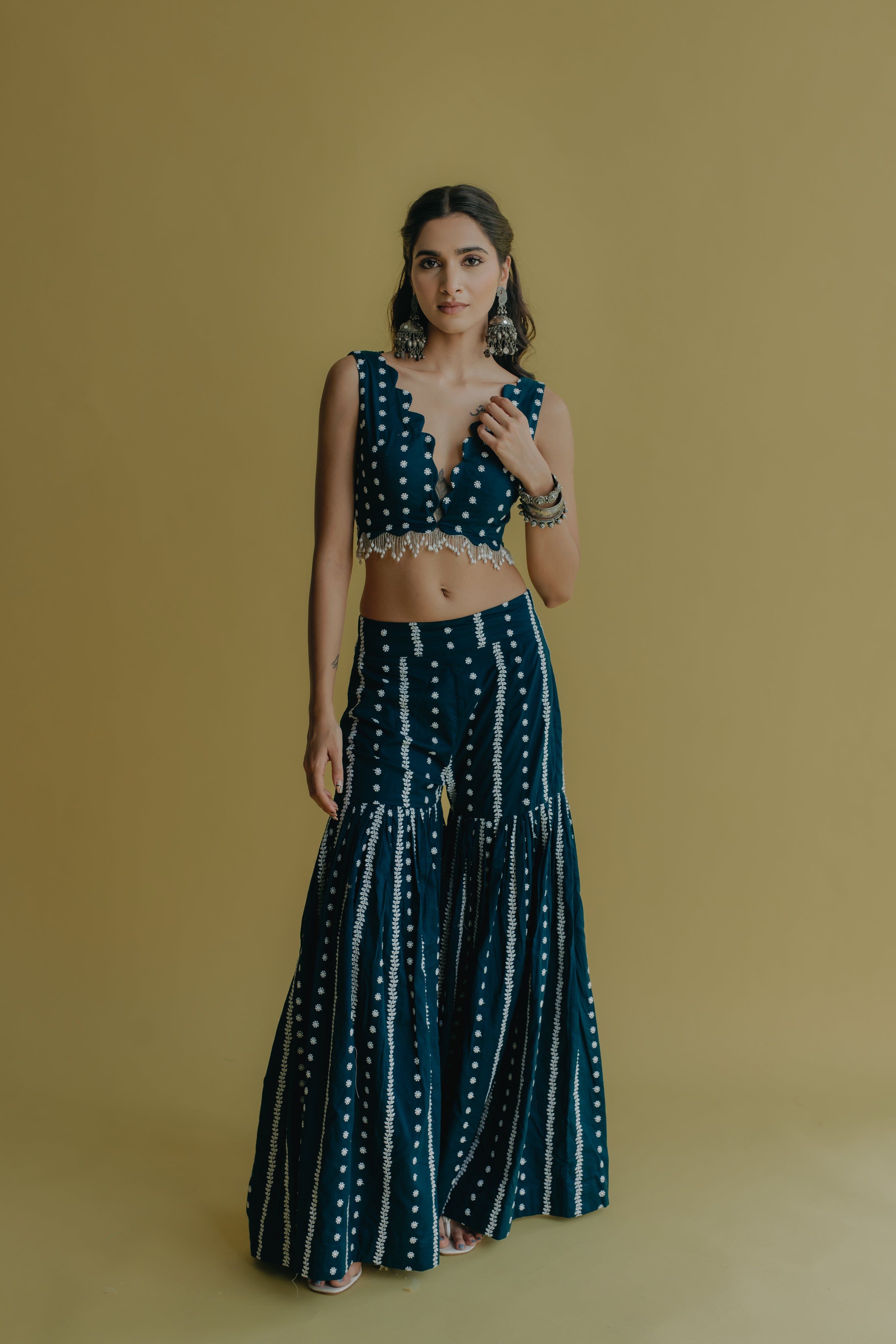 Inaya Royal Blue Embroidered Cotton Cape, Blouse and Sharara Set