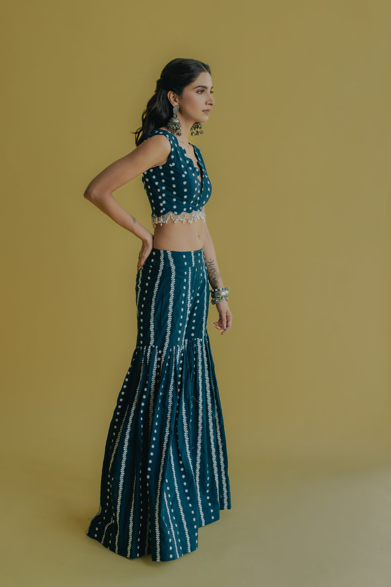 Inaya Royal Blue Embroidered Cotton Blouse and Sharara Set