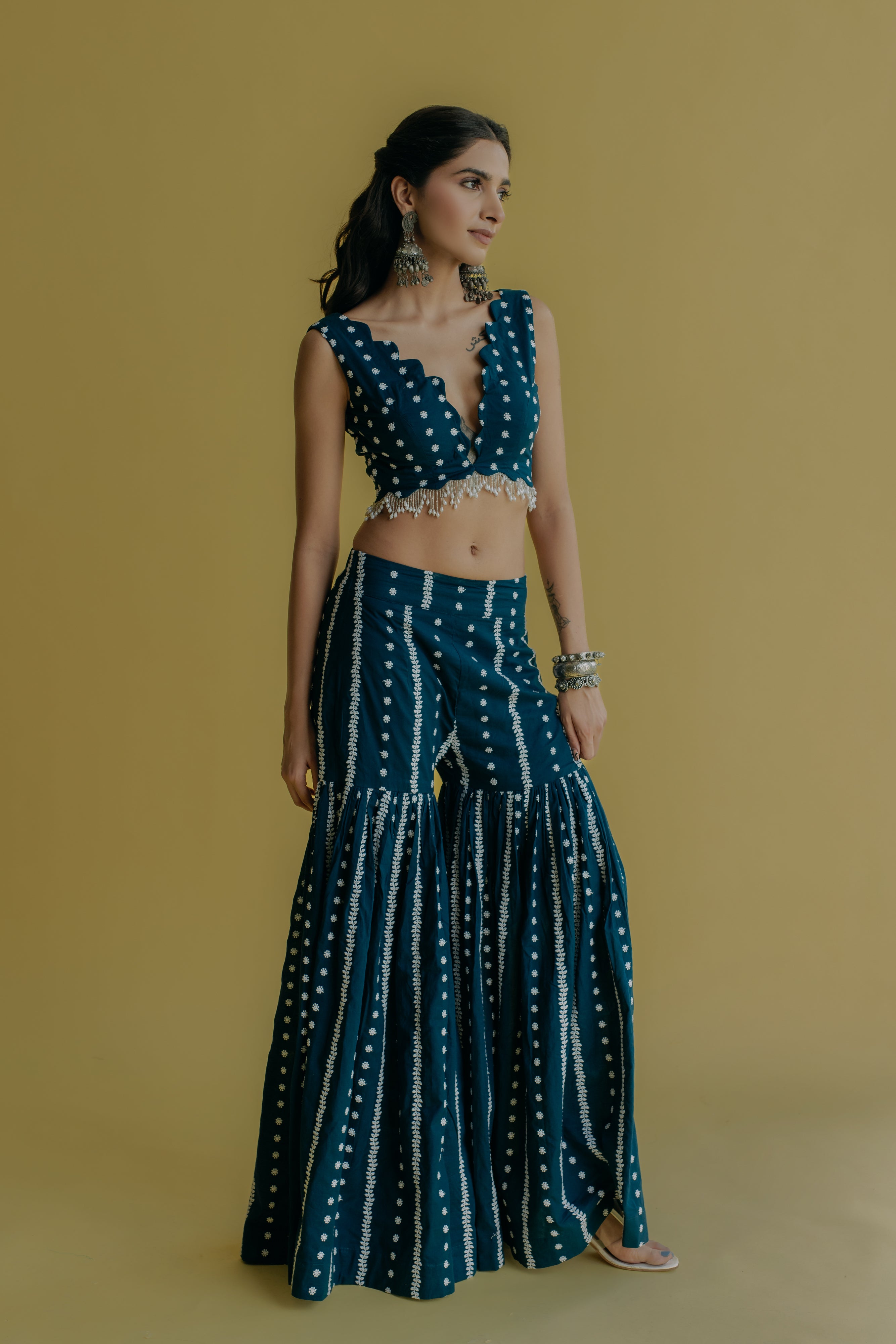 Inaya Royal Blue Embroidered Cotton Blouse and Sharara Set