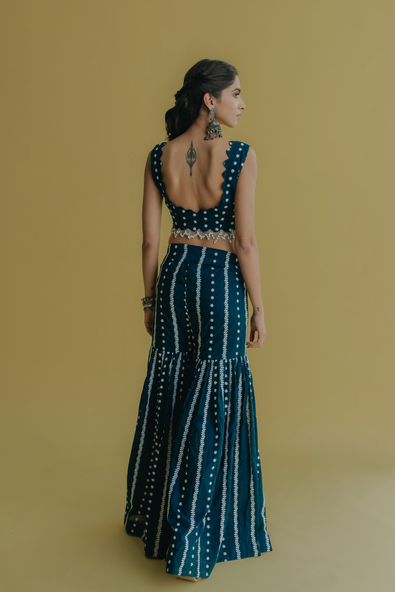 Inaya Royal Blue Embroidered Cotton Blouse and Sharara Set