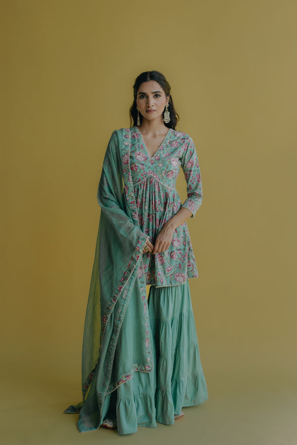 Sana Aqua Green Printed Cotton Kurti, Sharara & Dupatta Set