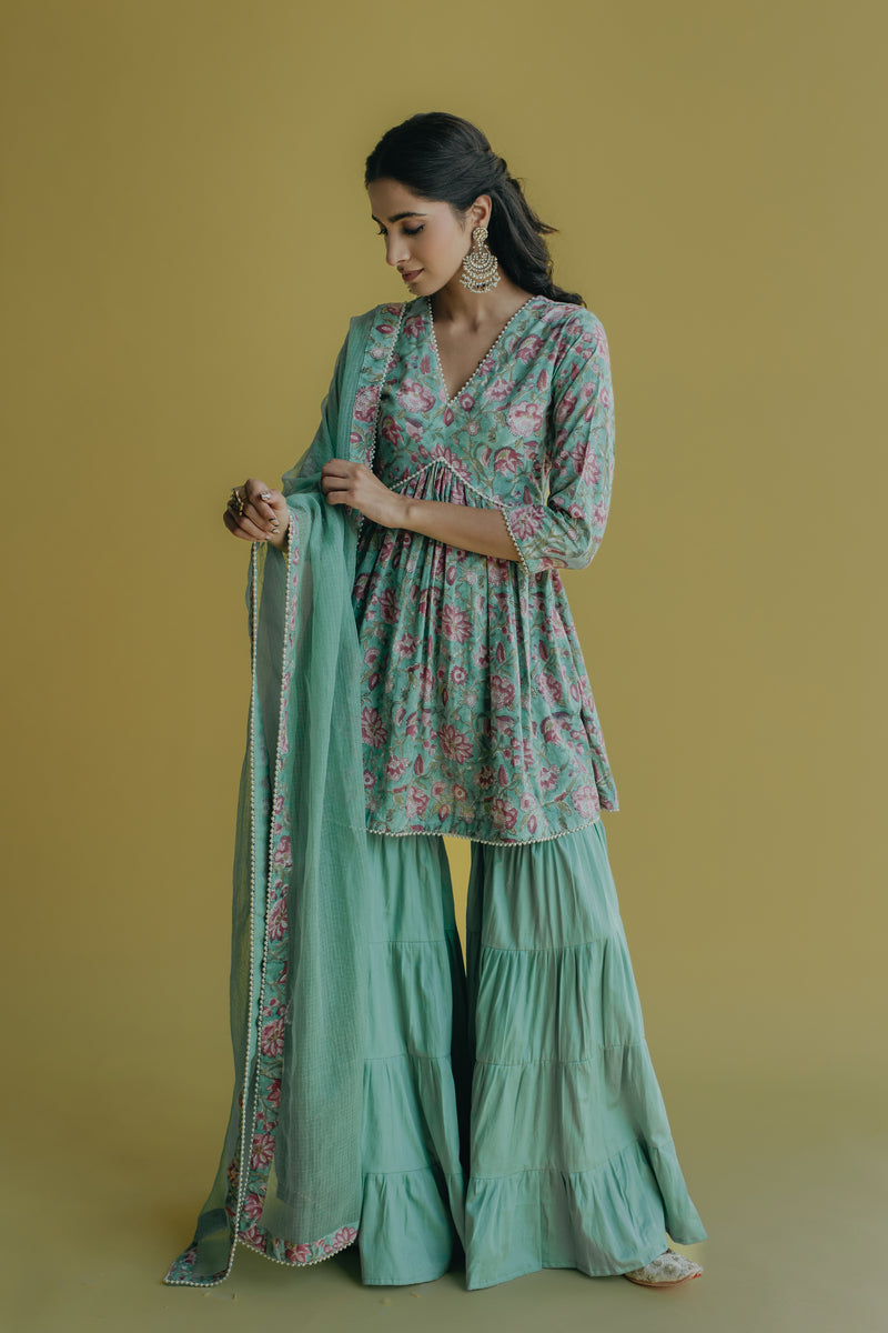 Sana Aqua Green Printed Cotton Kurti, Sharara & Dupatta Set